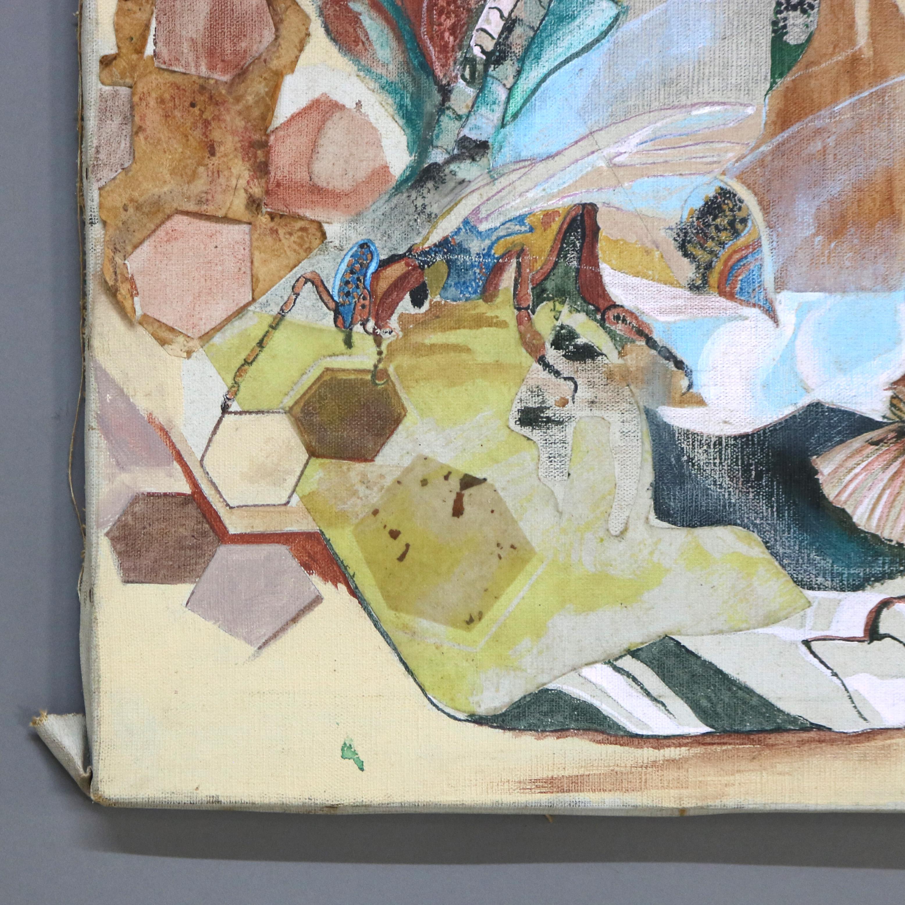 Mid Century Modern Abstrakt Impressionist Multimédia Gemälde auf Leinwand C1968 (Moderne der Mitte des Jahrhunderts) im Angebot