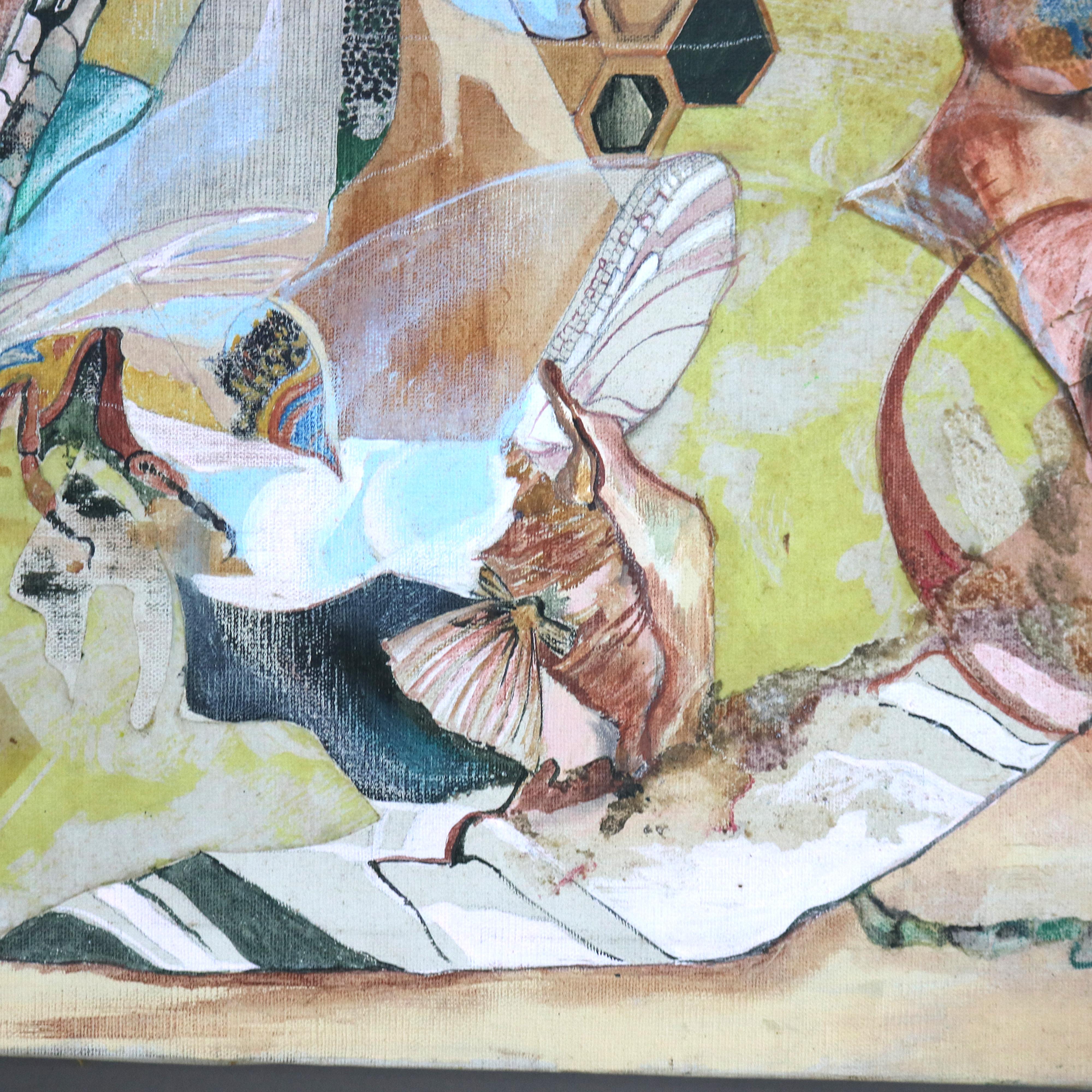 Mid Century Modern Abstrakt Impressionist Multimédia Gemälde auf Leinwand C1968 im Angebot 1