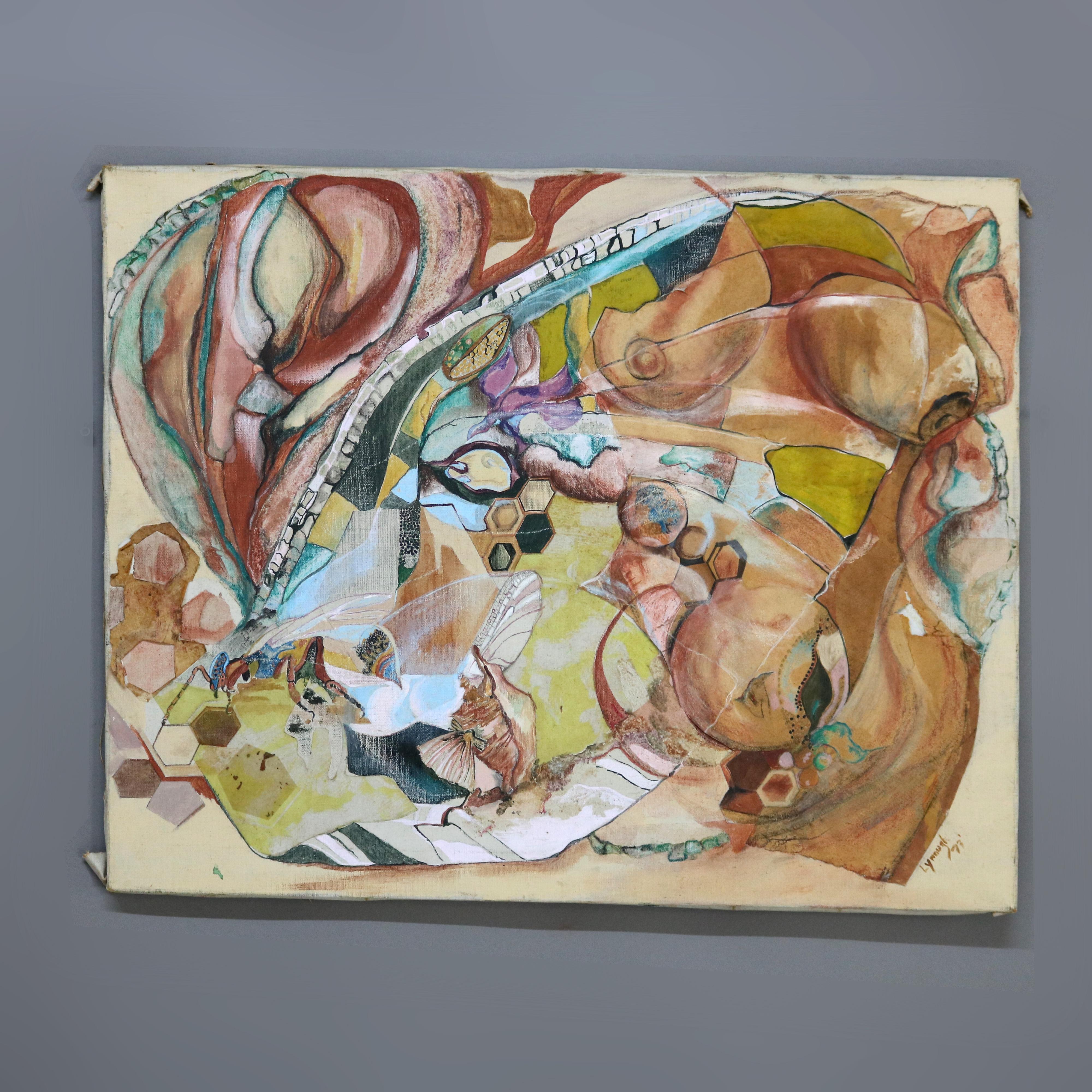 Mid Century Modern Abstract Impressionist Multimédia Painting on Canvas C1968