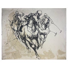 Mid century, modern abstract impressionist oil on canvas polo players