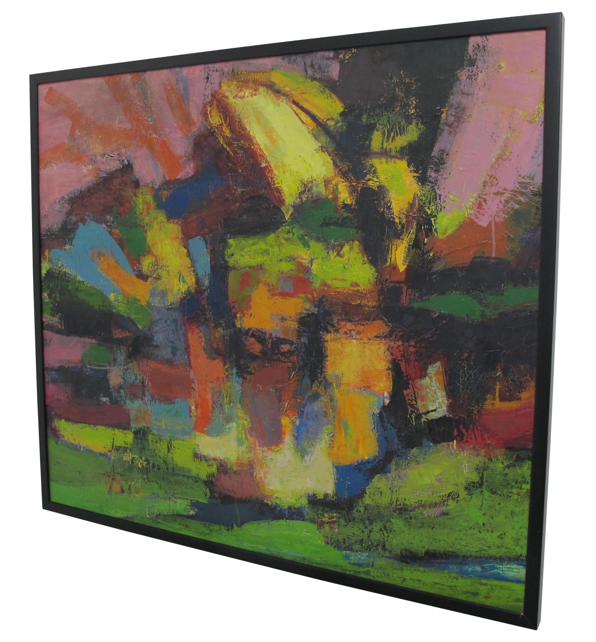 Colorful and bold impressionist abstract painting, unsigned, oil on canvas, in new frame. American, 1960s.