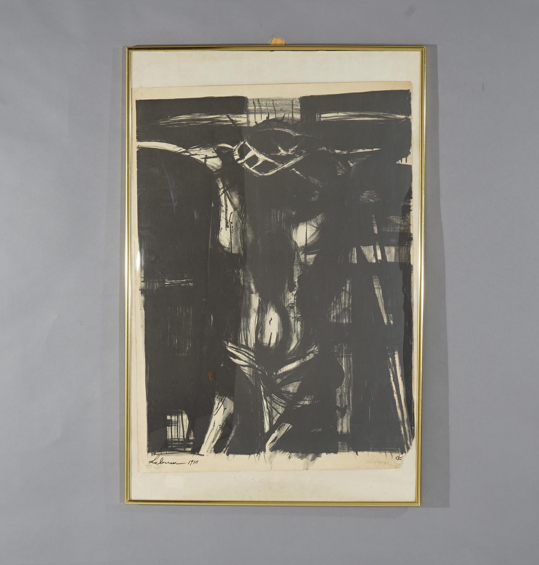 Mid Century Modern Abstract Lithograph of The Crucifixion of Jesus Christ, Pencil Signed by Lebrun, Framed, C1958

Measures - 37