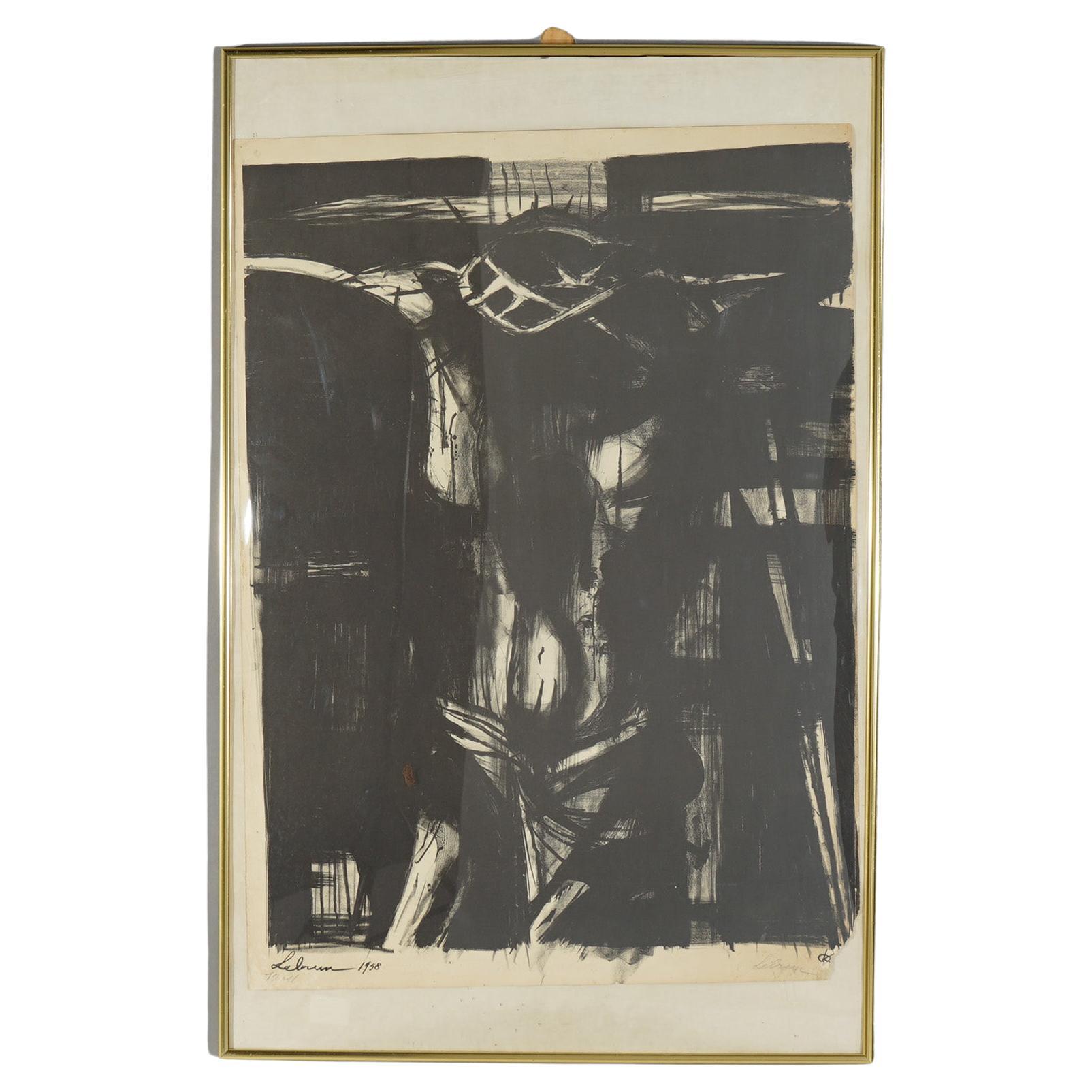 Mid Century Modern Abstract Litho of The Crucifixion, Pencil Signed Lebrun c1958 For Sale