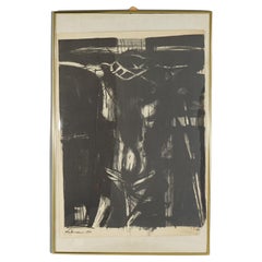 Abstraktes Lithographie der Kreuzigung, Bleistift, signiert Lebrun, ca. 1958, Moderne der Mitte des Jahrhunderts