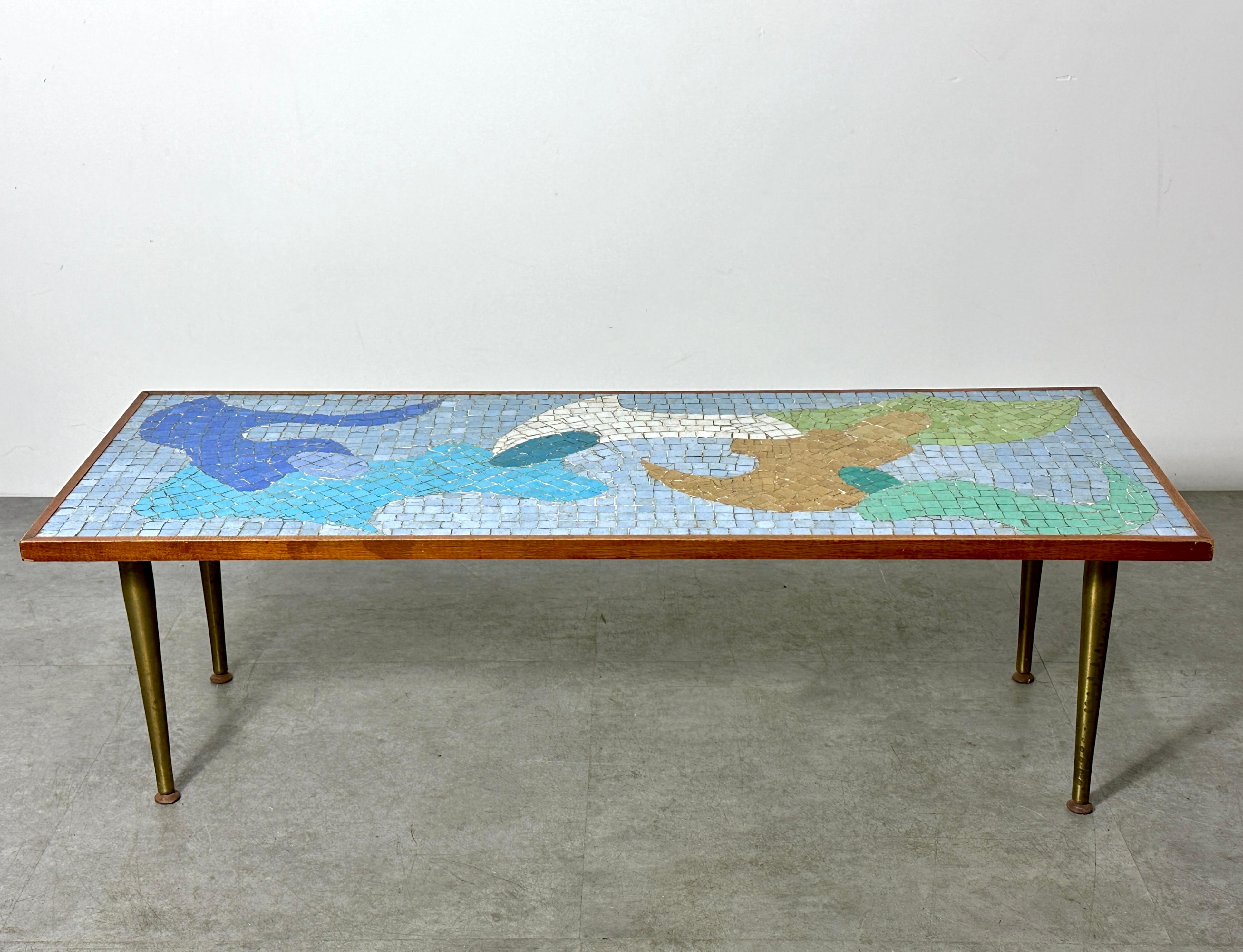 Mid-Century Modern Mid Century Modern Abstract Mosaic Tile Top Brass Coffee Table 1950s
