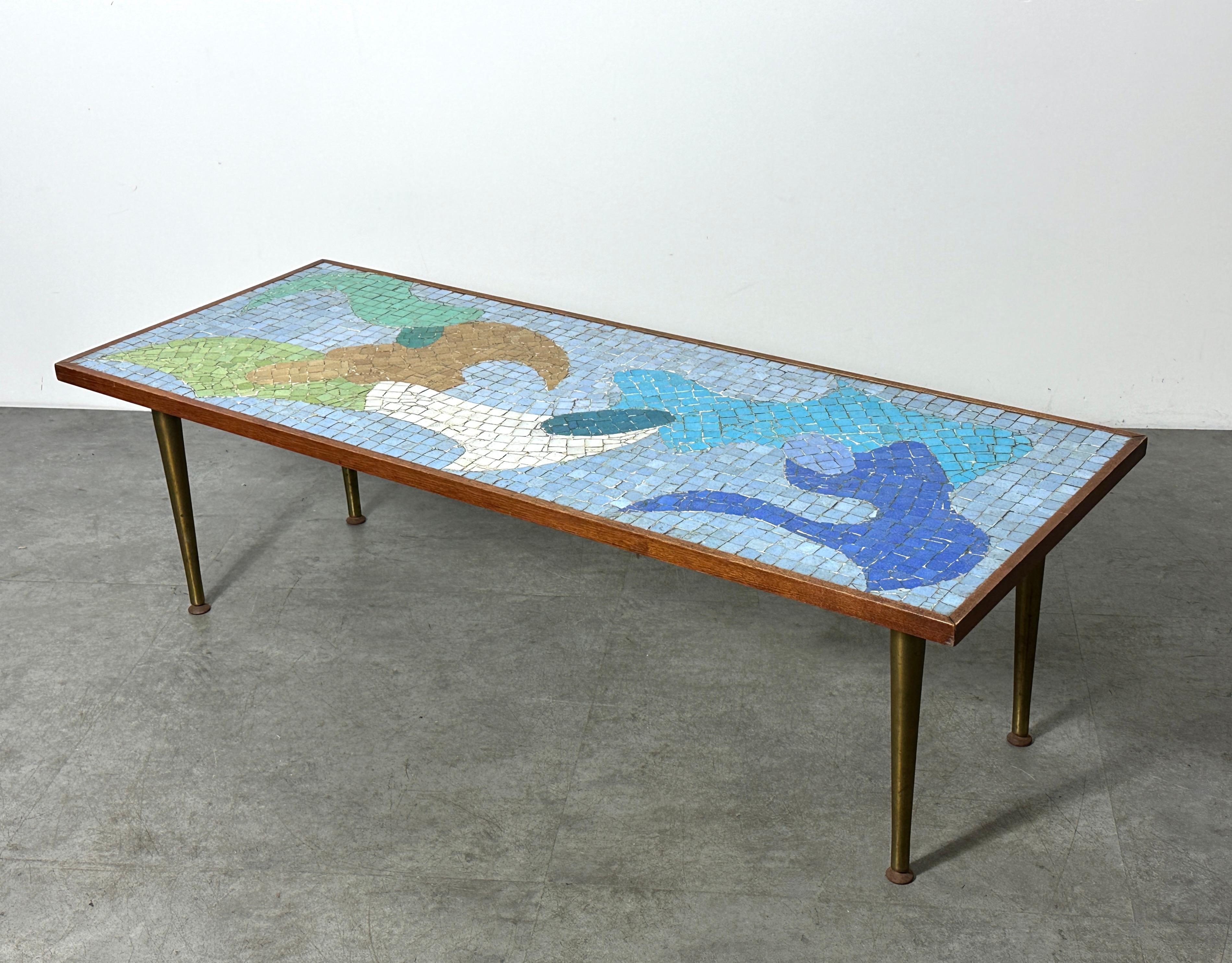 American Mid Century Modern Abstract Mosaic Tile Top Brass Coffee Table 1950s