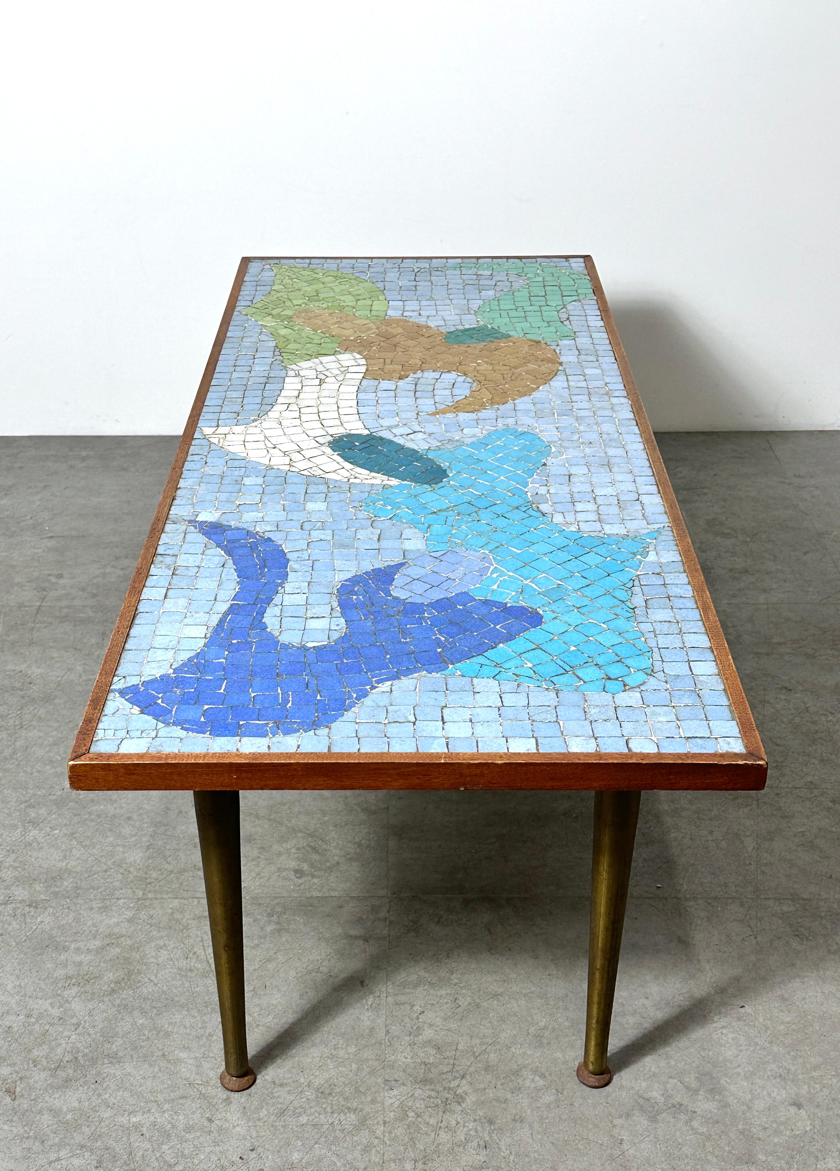 Mid Century Modern Abstract Mosaic Tile Top Brass Coffee Table 1950s In Good Condition In Troy, MI