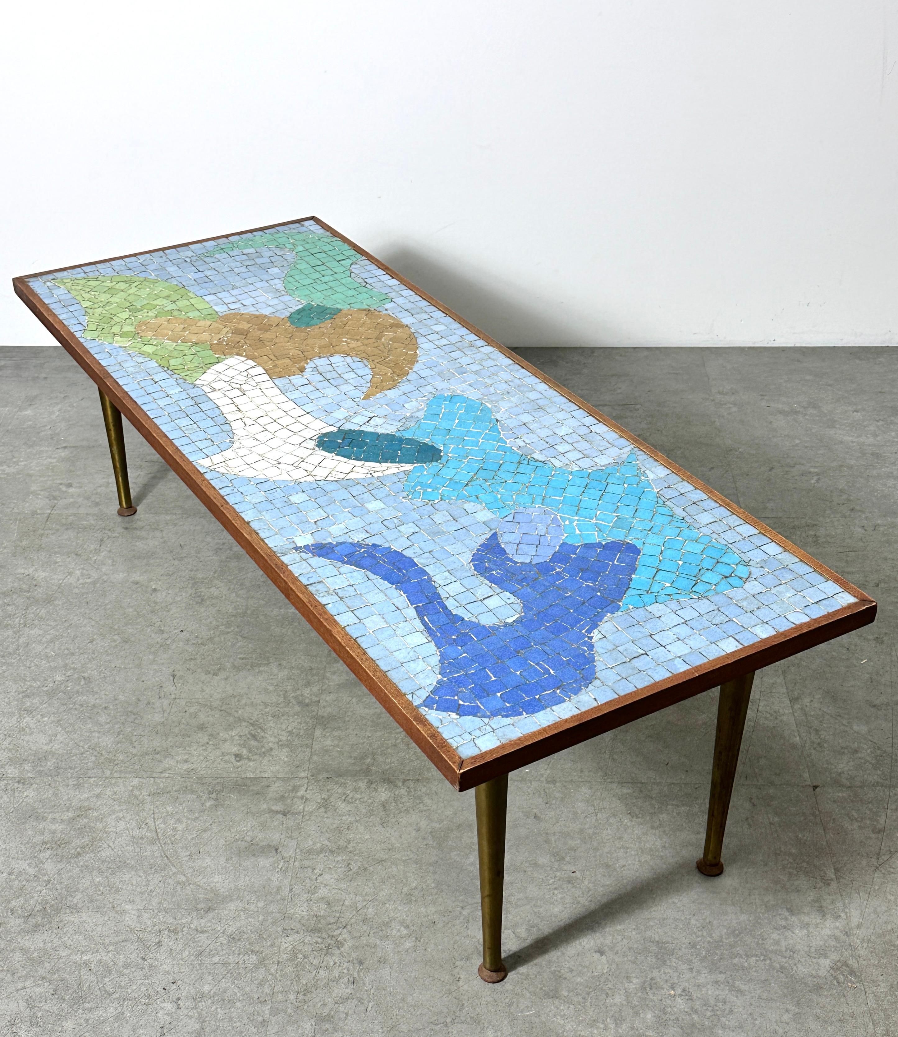20th Century Mid Century Modern Abstract Mosaic Tile Top Brass Coffee Table 1950s