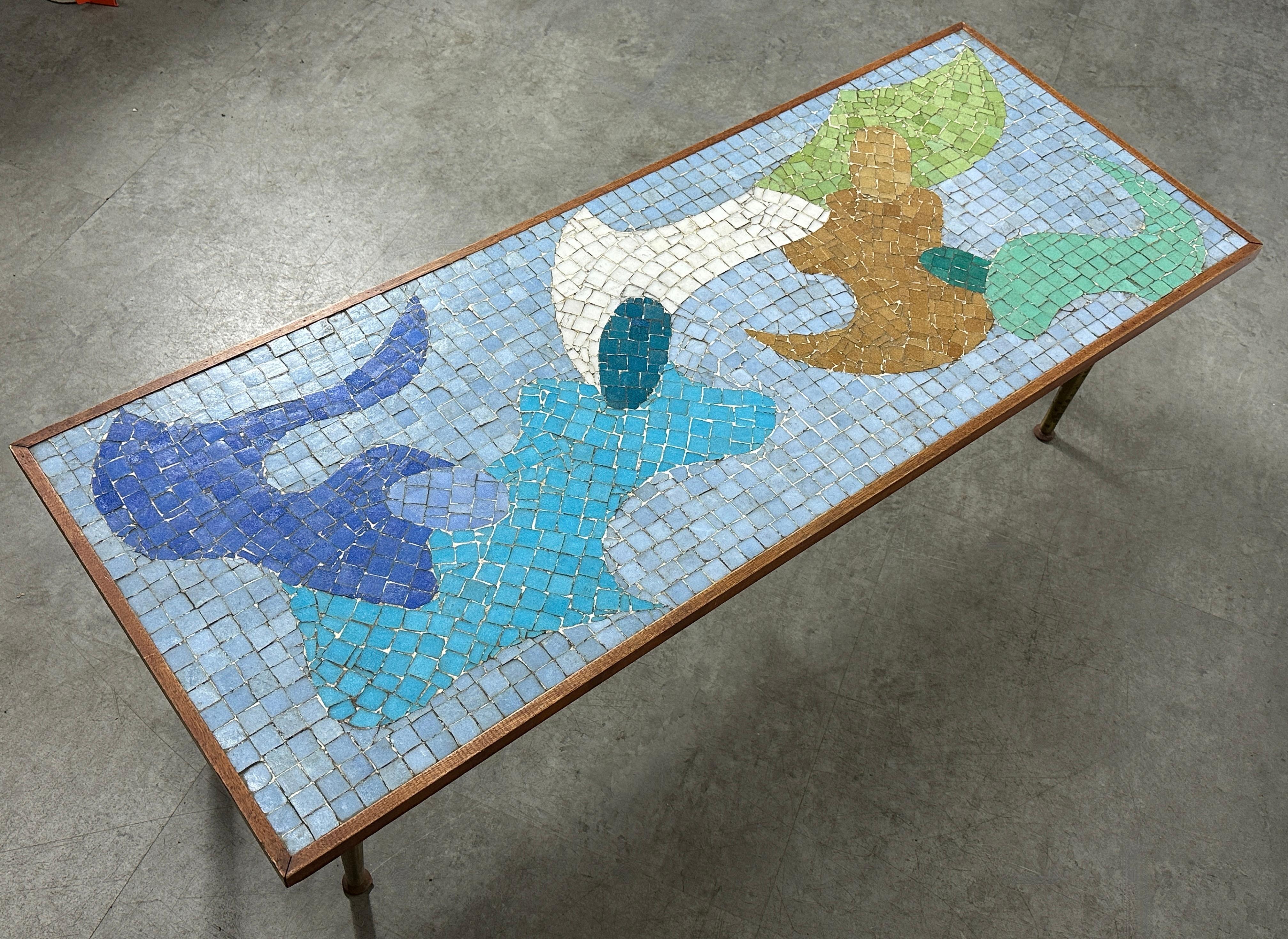 Mid Century Modern Abstract Mosaic Tile Top Brass Coffee Table 1950s 1