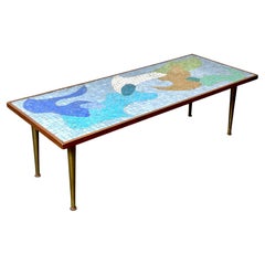 Mid Century Modern Abstract Mosaic Tile Top Brass Coffee Table 1950s