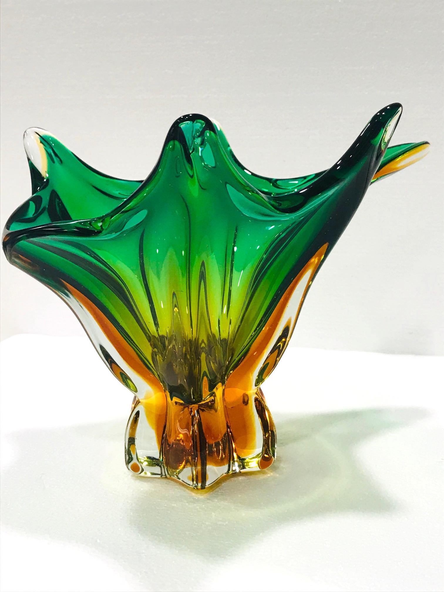 Italian Mid-Century Modern Abstract Murano Glass Vase in Green and Gold, Italy c. 1950s