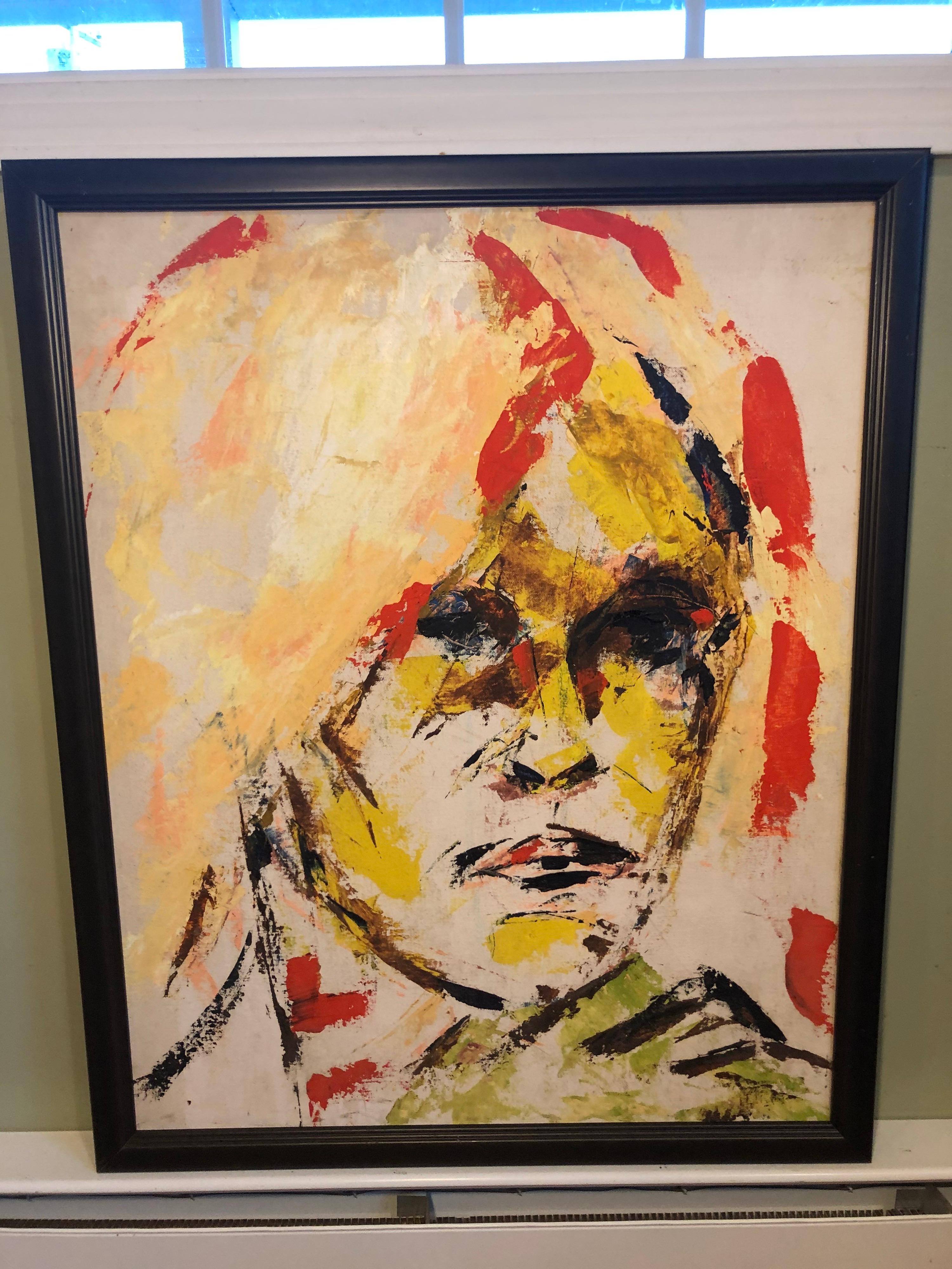 Mid Century Modern Abstract of Andy Warhol Style Man. Large white masonite background with impasto strokes of red, white and black and yellow. Housed in a black frame.