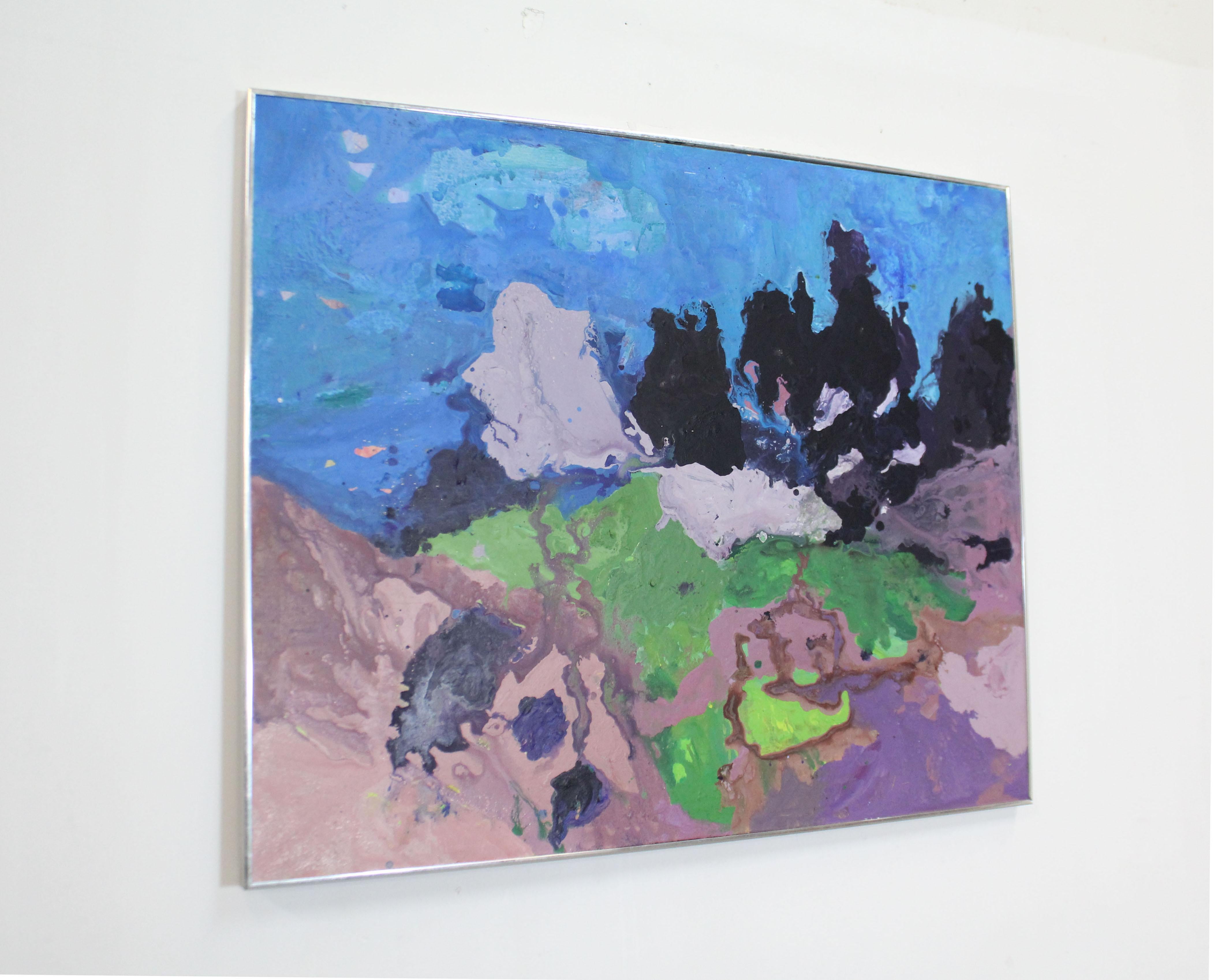 Offered is a vintage framed abstract modern oil painting on canvas entitled 'Kokee'. Features an abstract landscape design with hues of purple, green, blue, and black blending together on the canvas. In good condition with some wear on the metal
