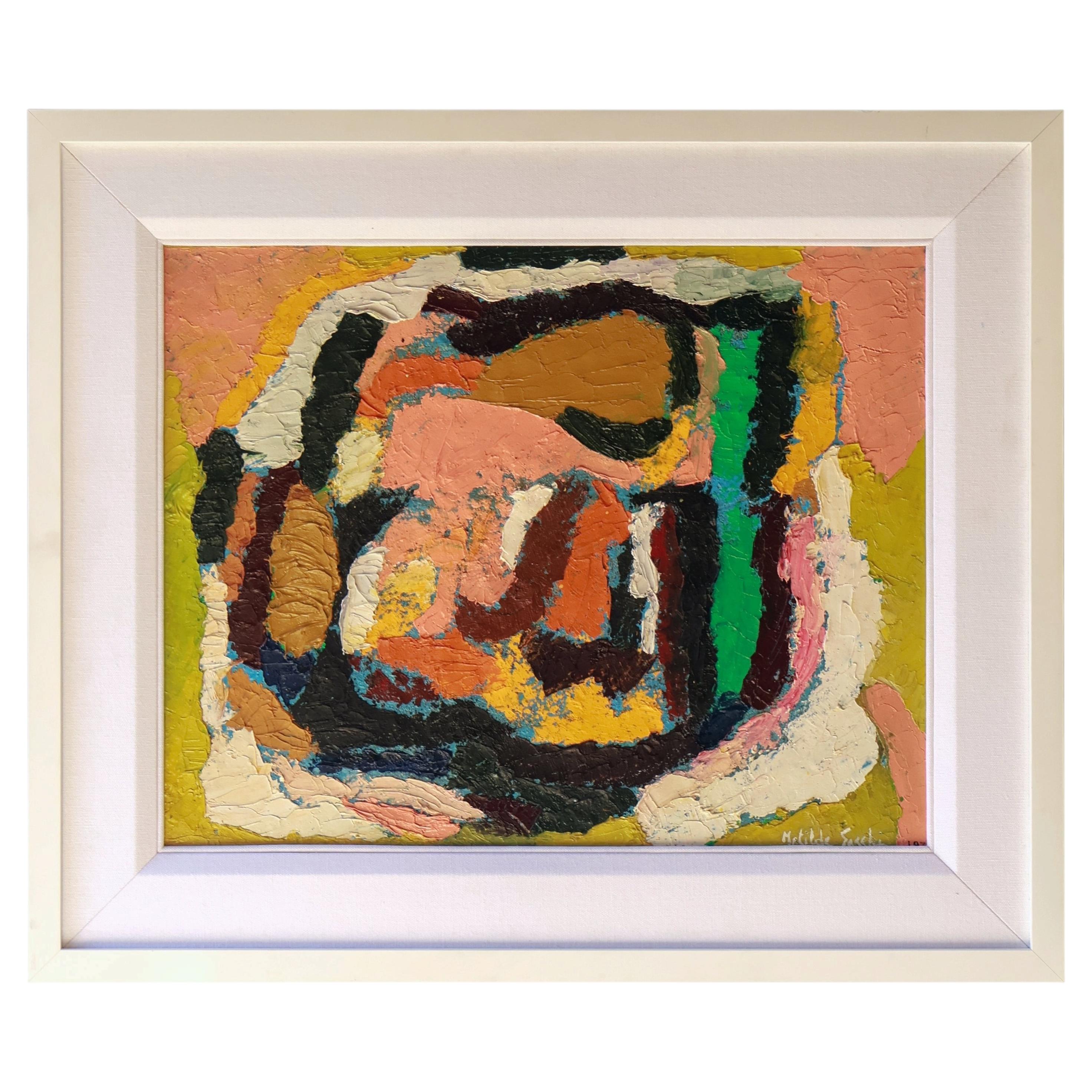 Mid Century Modern Abstract Oil on Canvas Signed by Matilde Sacchi, 1970.