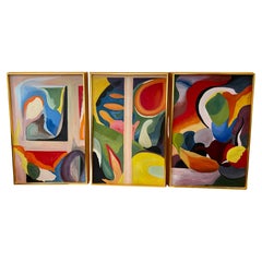 Conjunto de trípticos abstractos al óleo sobre lienzo, modernos de mediados de siglo, firmados