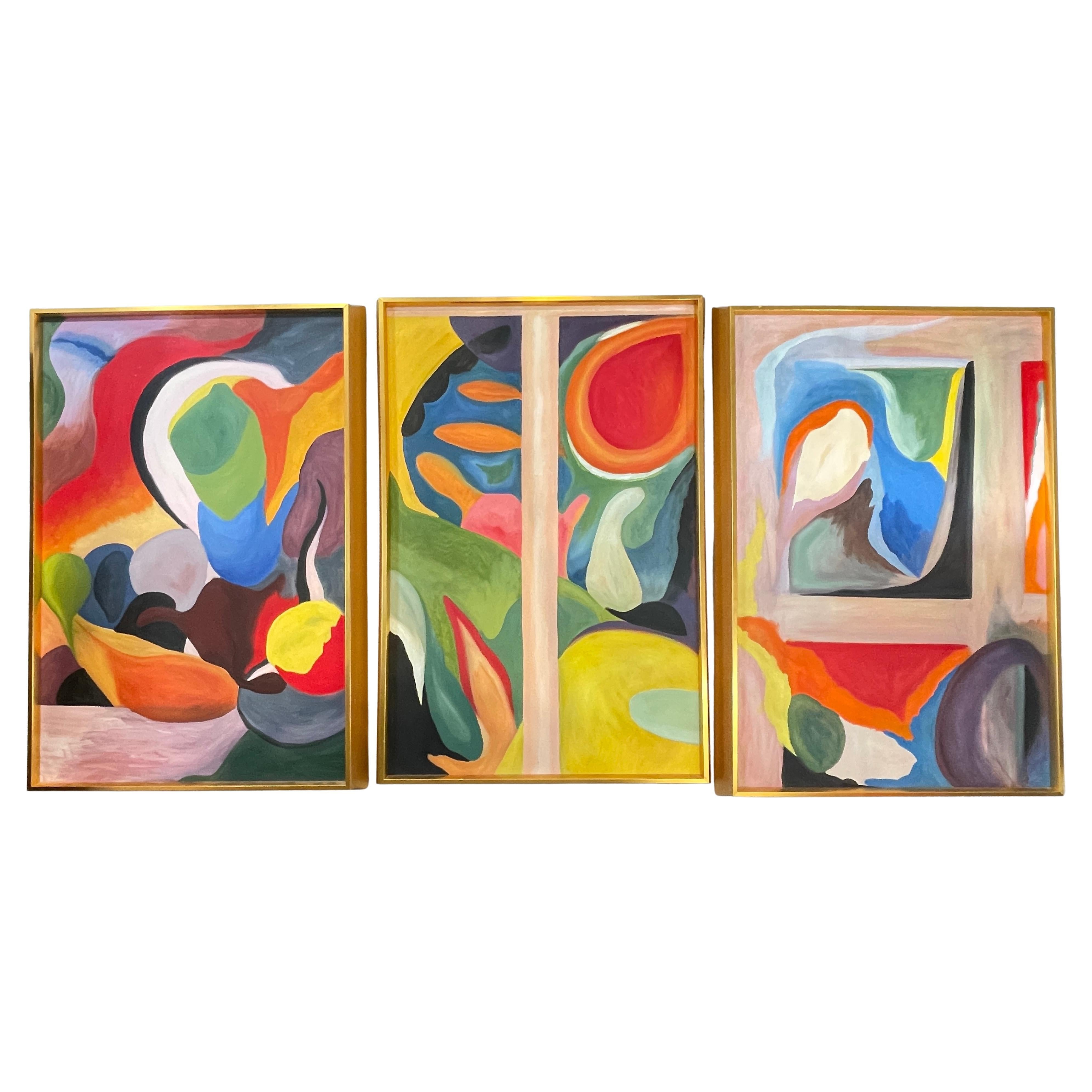 Mid Century Modern Abstrakt Öl auf Leinwand Triptychon Set, Signiert