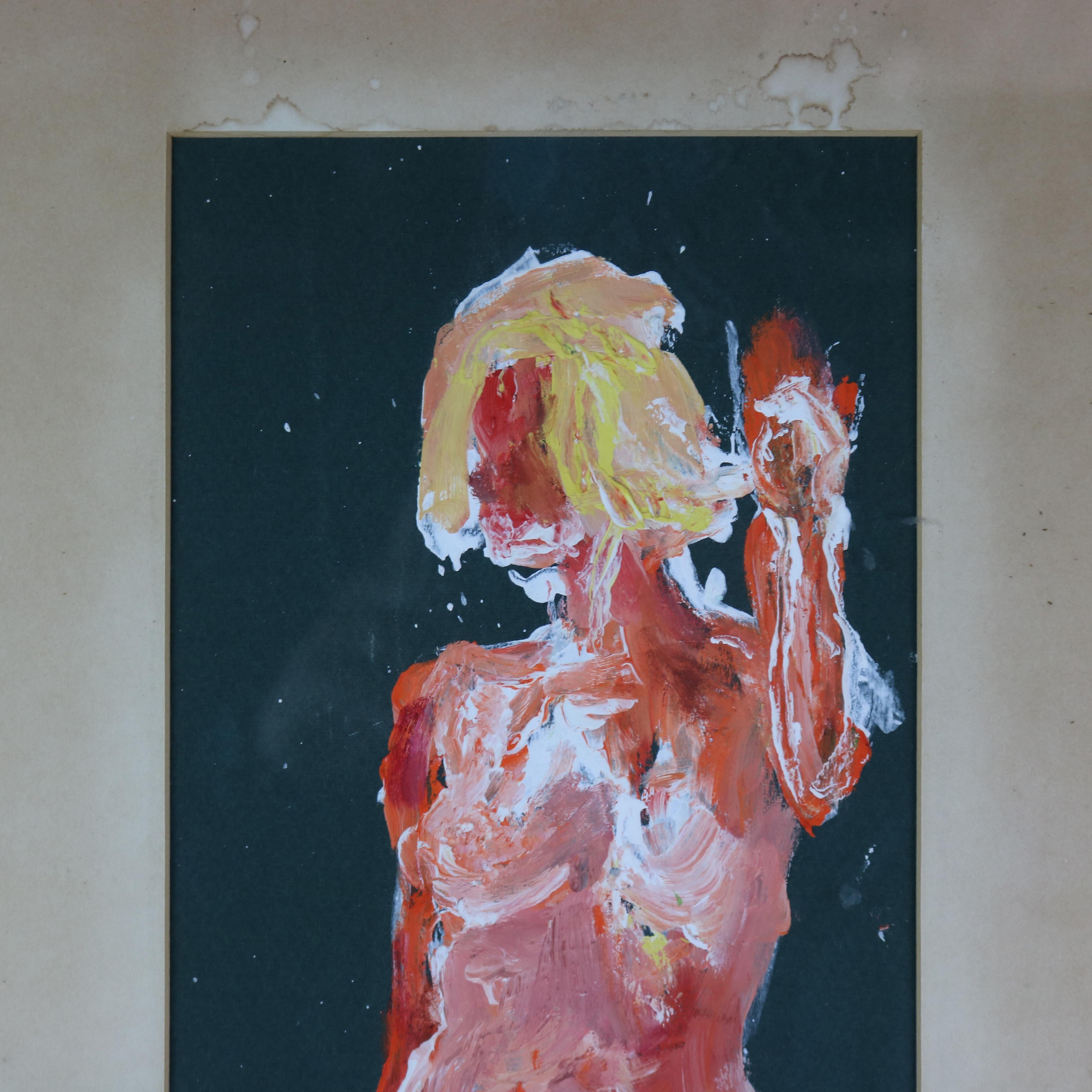 A Mid-Century Modern abstract oil painting on board by Skipper Mize offers impressionist full length nude portrait of figure, artist signed lower right, seated in matting and frame, c1960 

Measures: 24.25