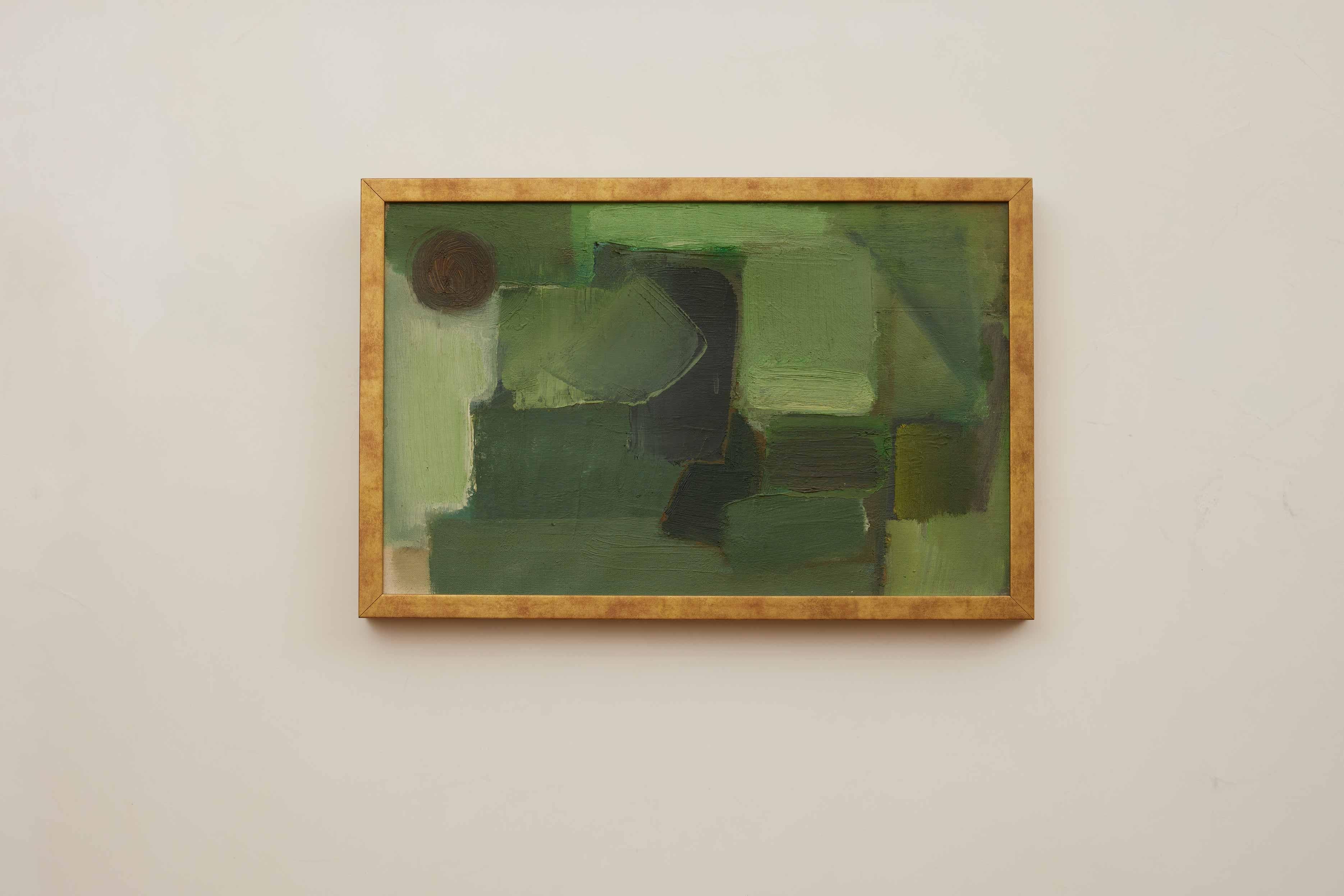 Peinture abstraite de la modernité du milieu du siècle dernier, années 1960, tonalités vertes vibrantes de Brown Moon en vente 3