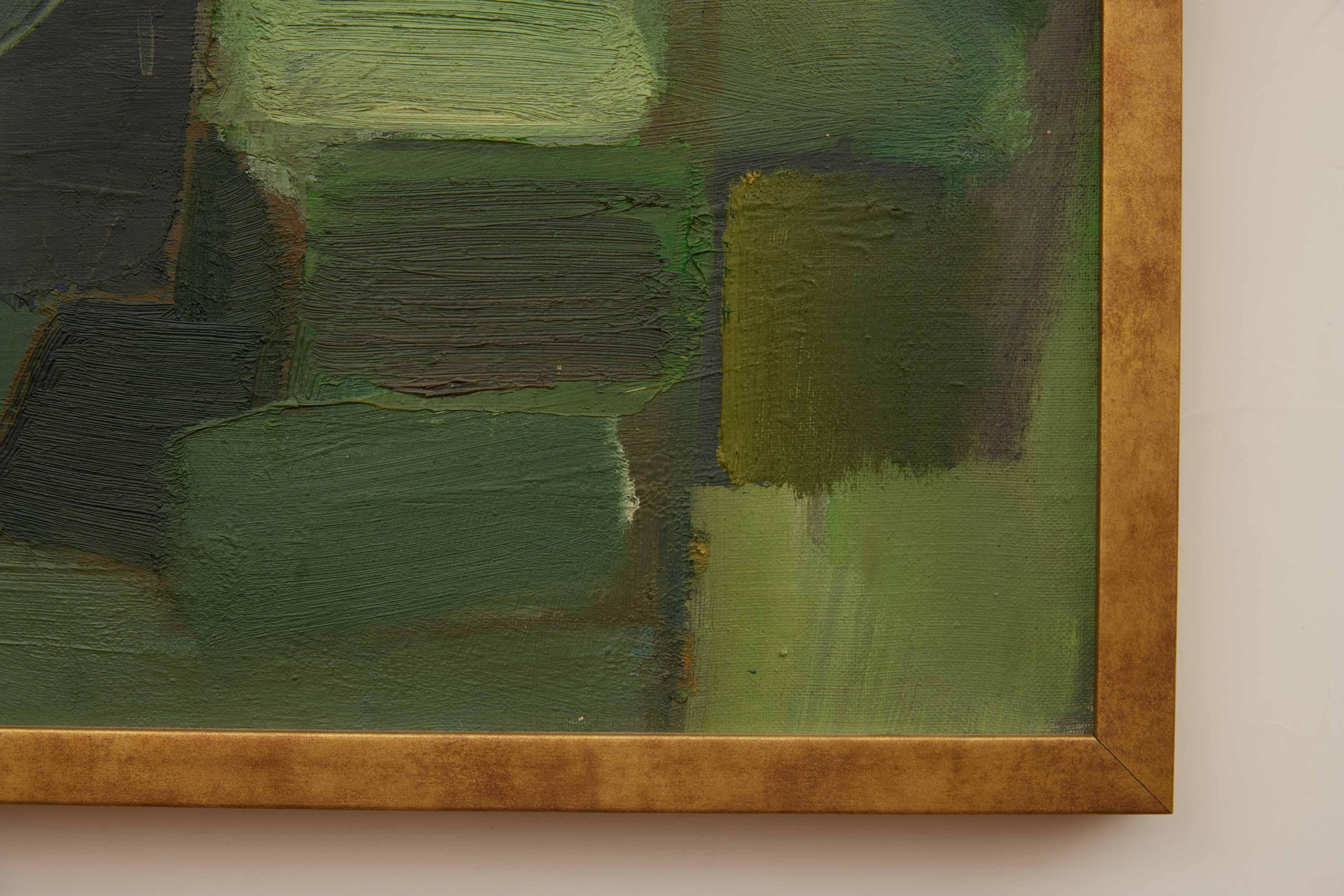 Peinture abstraite de la modernité du milieu du siècle dernier, années 1960, tonalités vertes vibrantes de Brown Moon en vente 1