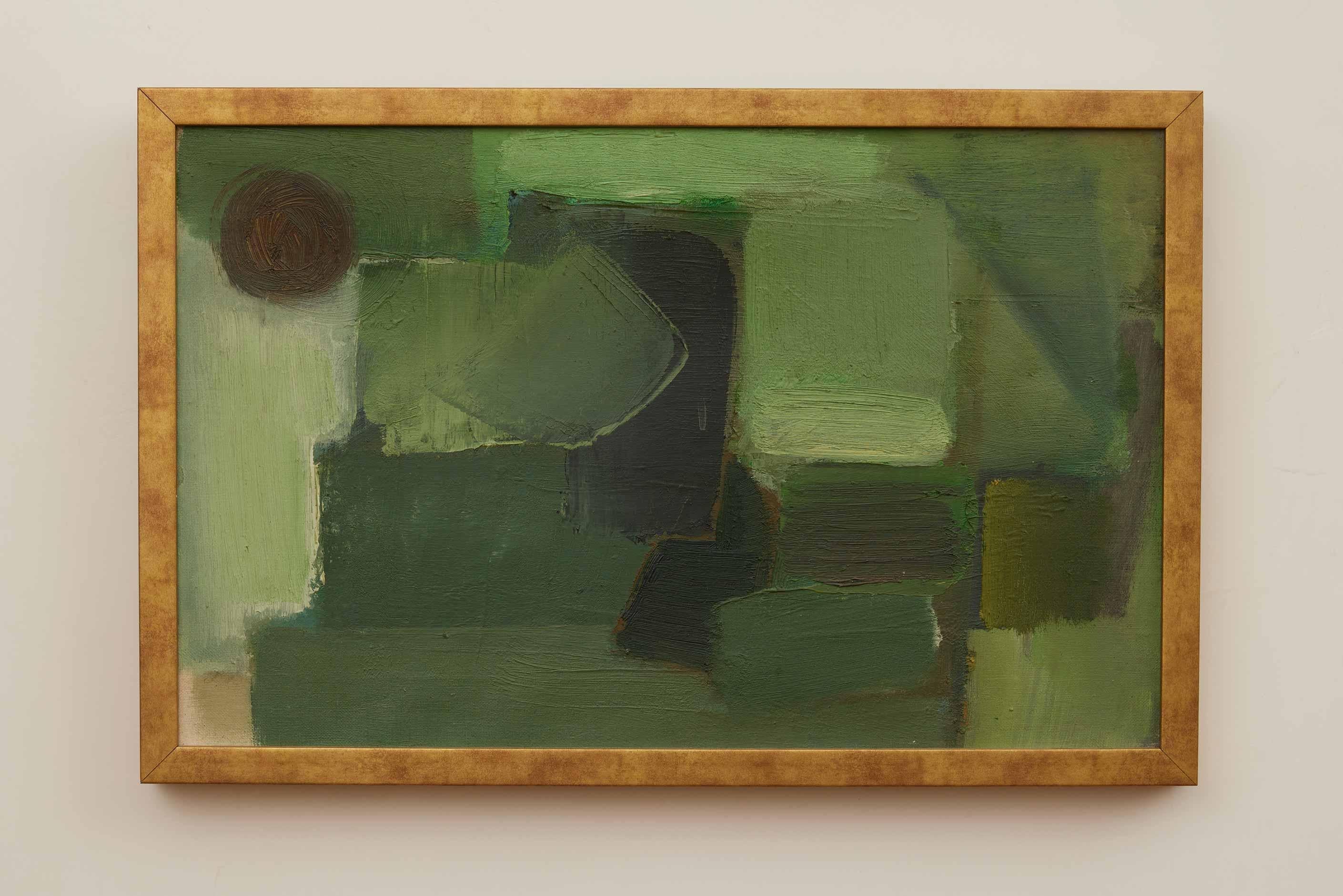 Abstraktes Gemälde aus der Mitte des Jahrhunderts, 1960er Jahre, brauner Mond, kräftige Grüntöne im Angebot 1
