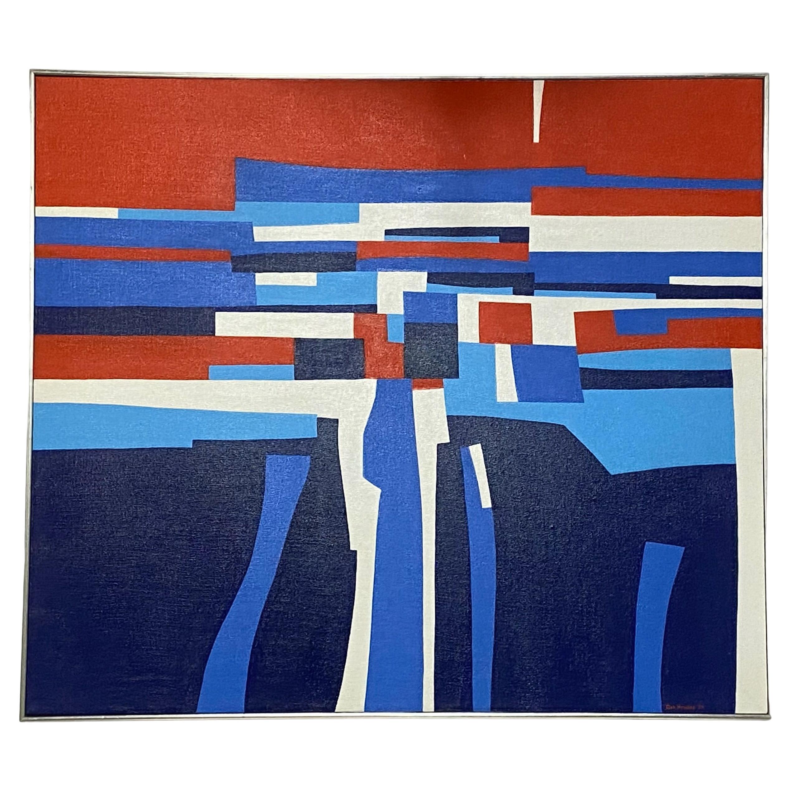 Abstrait moderne audacieux en rouge-blanc-bleu, signé Geo. Howard et daté de 1970.
Acrylique sur toile dans un cadre d'origine en noyer avec contraste des bords argentés.
Vintage, en excellent état.


 