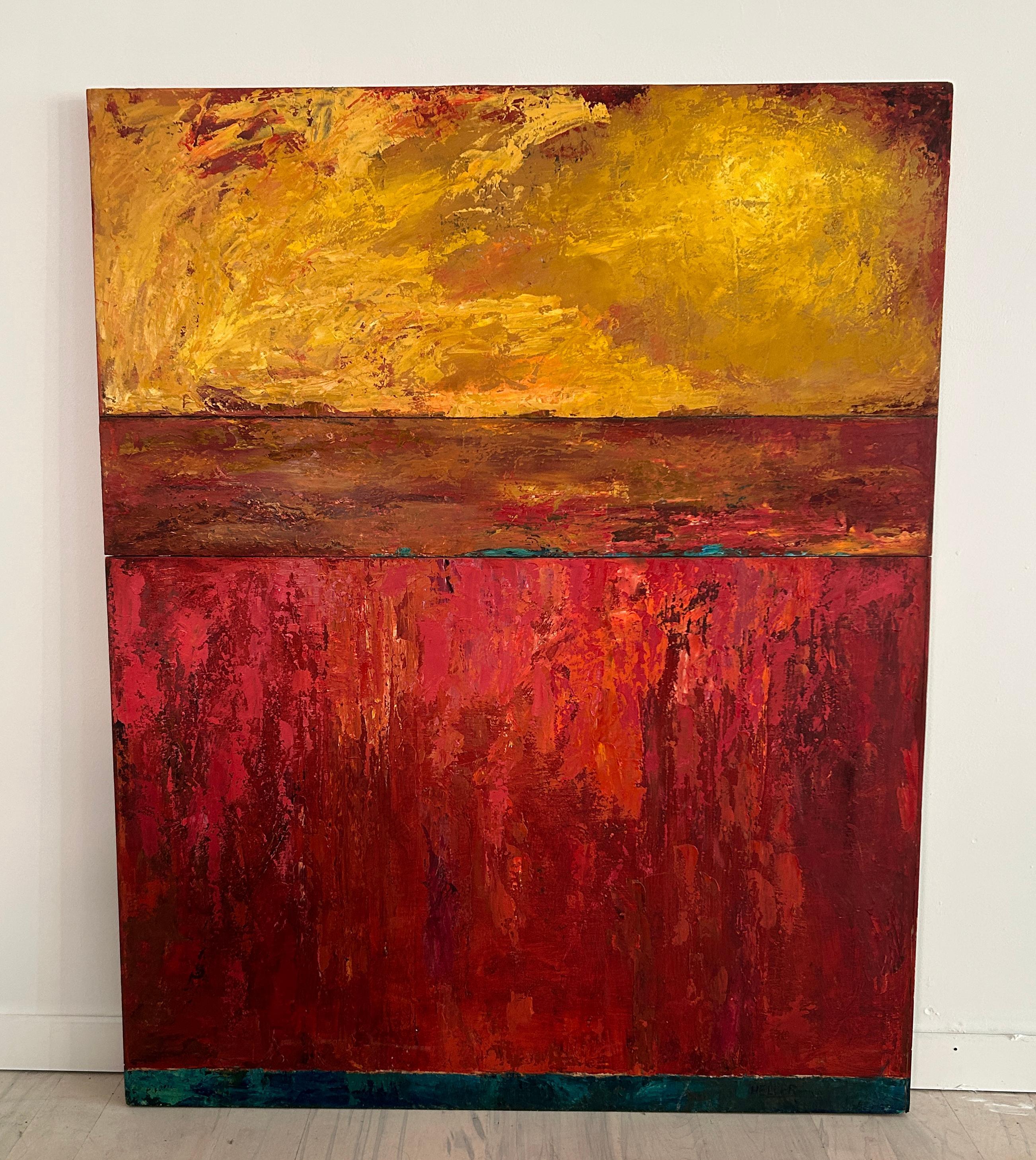 Mid Century Modern Abstract Painting Kunstwerk Öl auf Karton warme Farben mit einem Hauch von Blau. Gelb, senf, rot, teal, marine, mit einem Hauch von Orange. Sehr vorzeigbar Malerei für ein Strandhaus oder Residenz. Ölfarbe auf Holzplatte - sieht