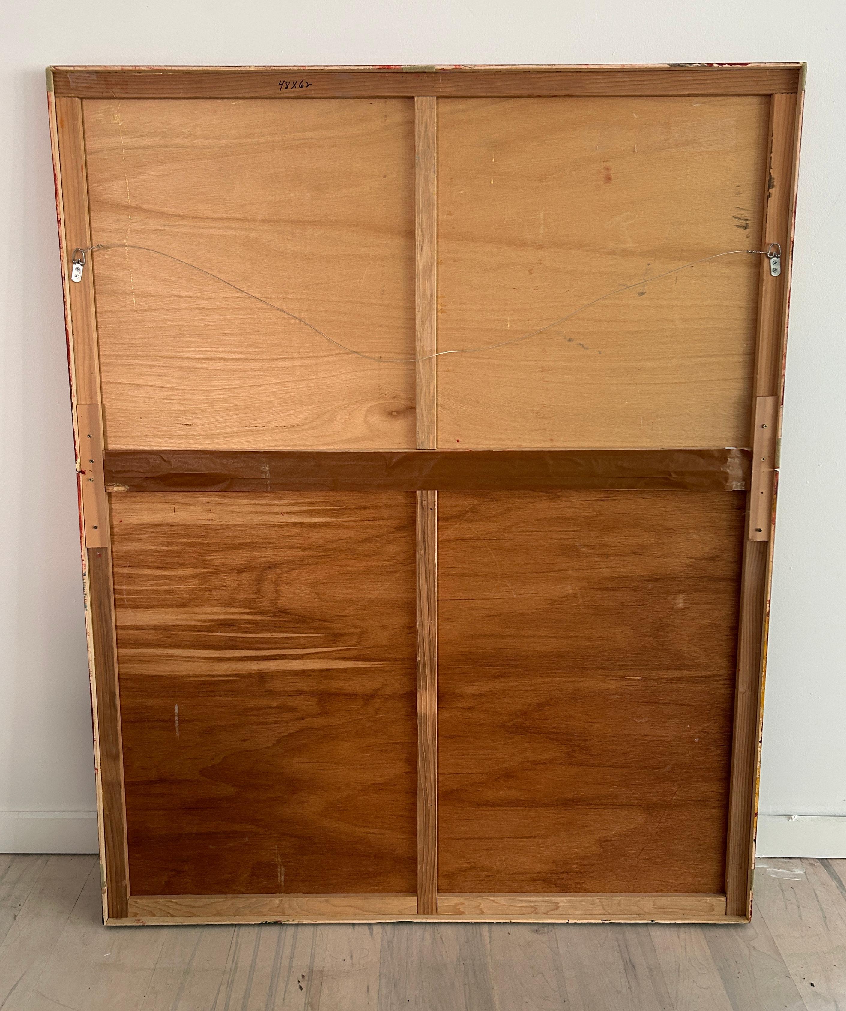 Mid Century Modern Abstrakte Malerei Kunstwerk Öl auf Karton warme Farben (Holz) im Angebot