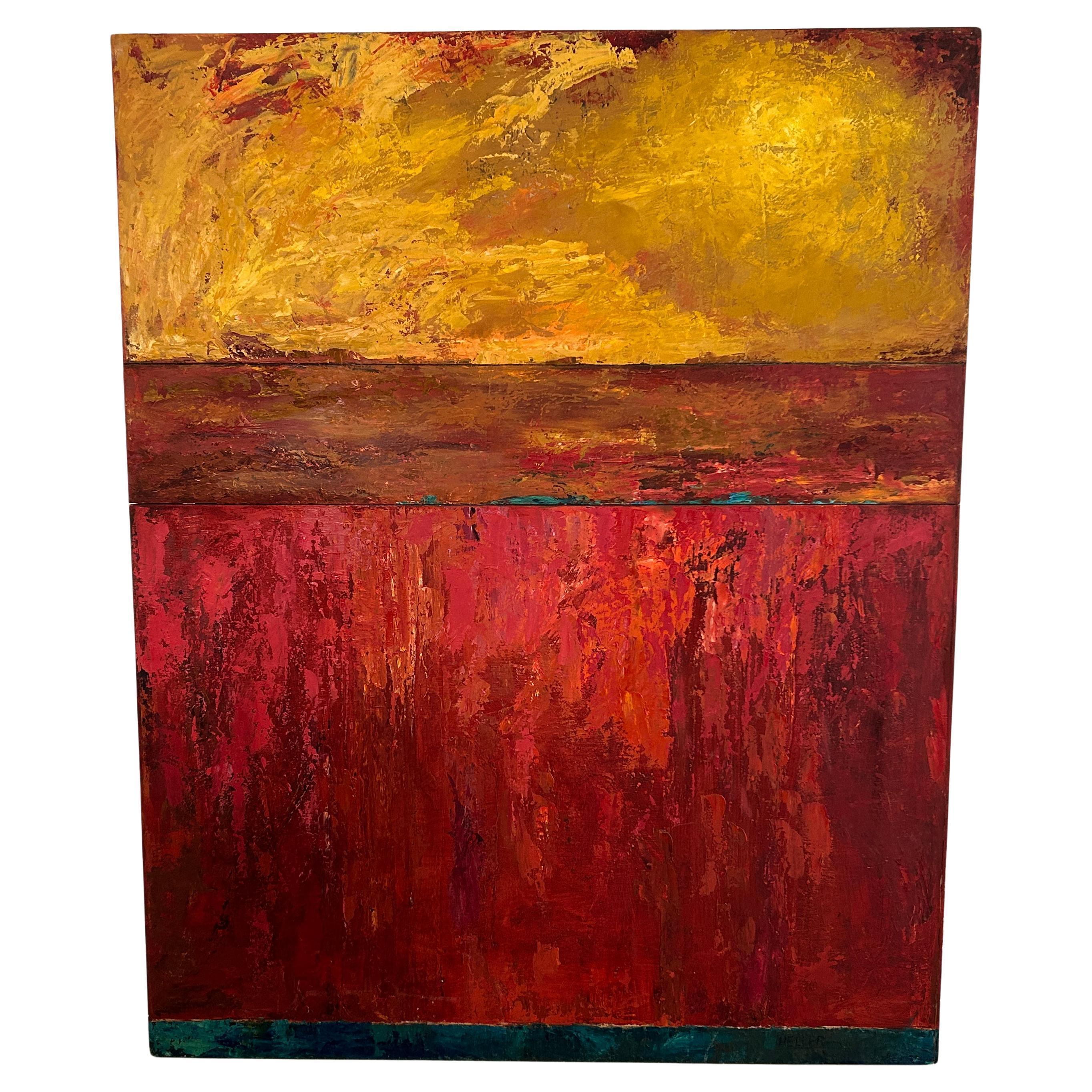 Quadro astratto di metà secolo Modern Painting Opera d'arte olio su tavola colori caldi