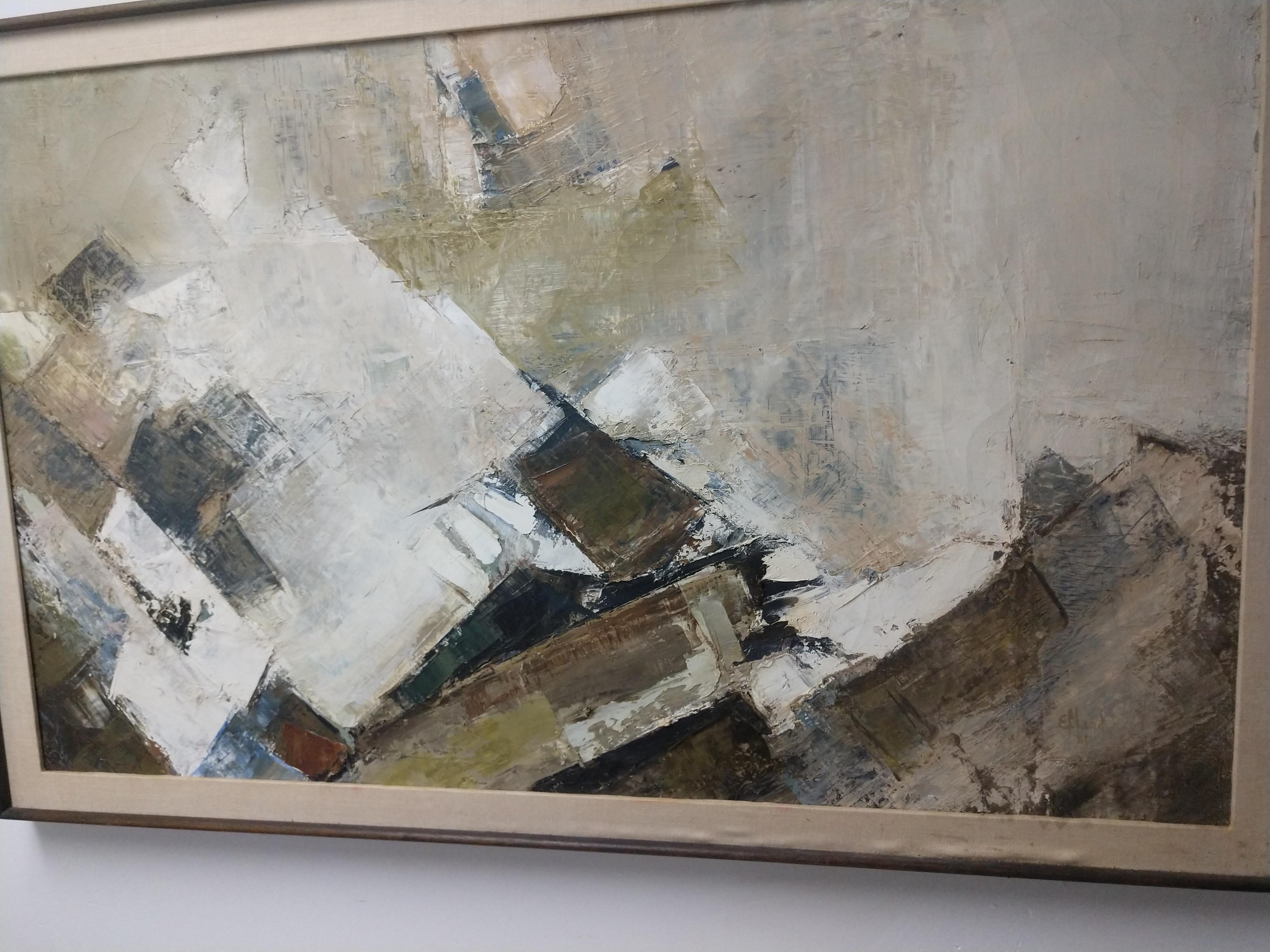 Beautiful abstract with a hint of cubism, and a touch of Cezanne. Wonderful muting of colors using a palette knife. Great texture. Framed in a period 1960s frame. Signed and dated, Efland 1961. Actual canvas size is 26 x 41.5.