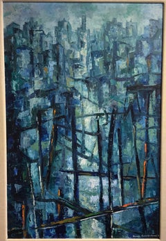 Mid-Century Modern Abstract Painting, Original Frame and Linen Mat
