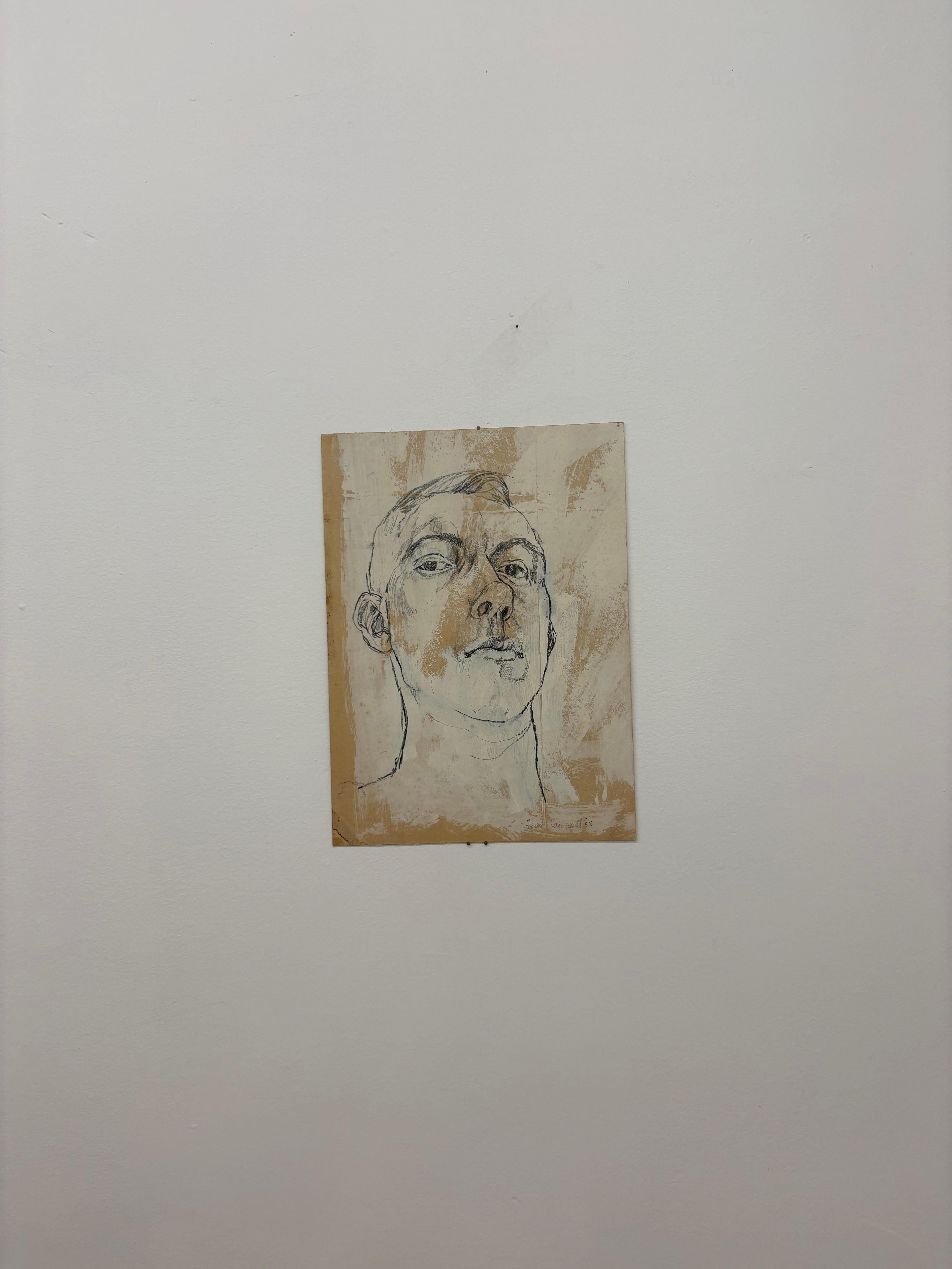 Mid-Century Modern Abstract Portrait Drawing - 1958 Signed Expressionist Artwork (amerikanisch) im Angebot