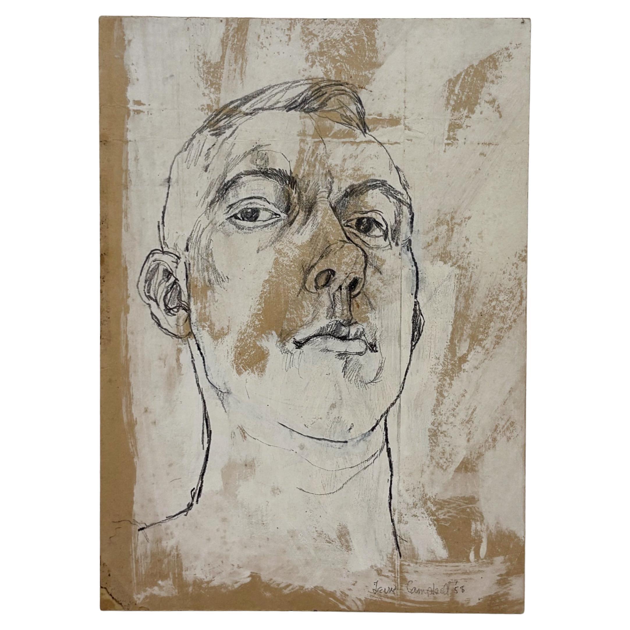 Mid-Century Modern Abstract Portrait Drawing - 1958 Signed Expressionist Artwork
