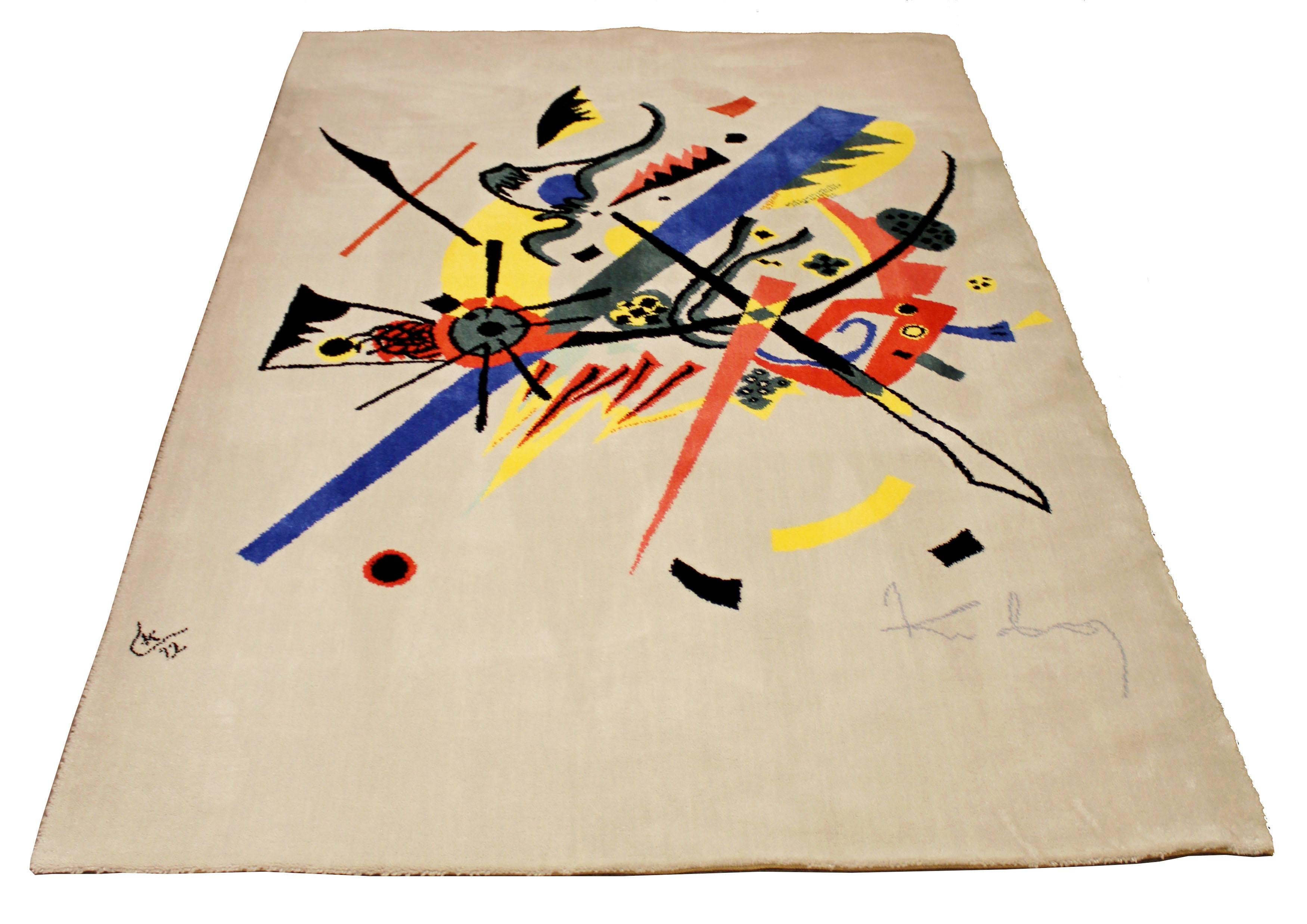 For your consideration is a magnificent, abstract art rug or wall tapestry Inspired by Kandinsky small worlds, made in Denmark by Ege axmister. In excellent condition. The dimensions are 108