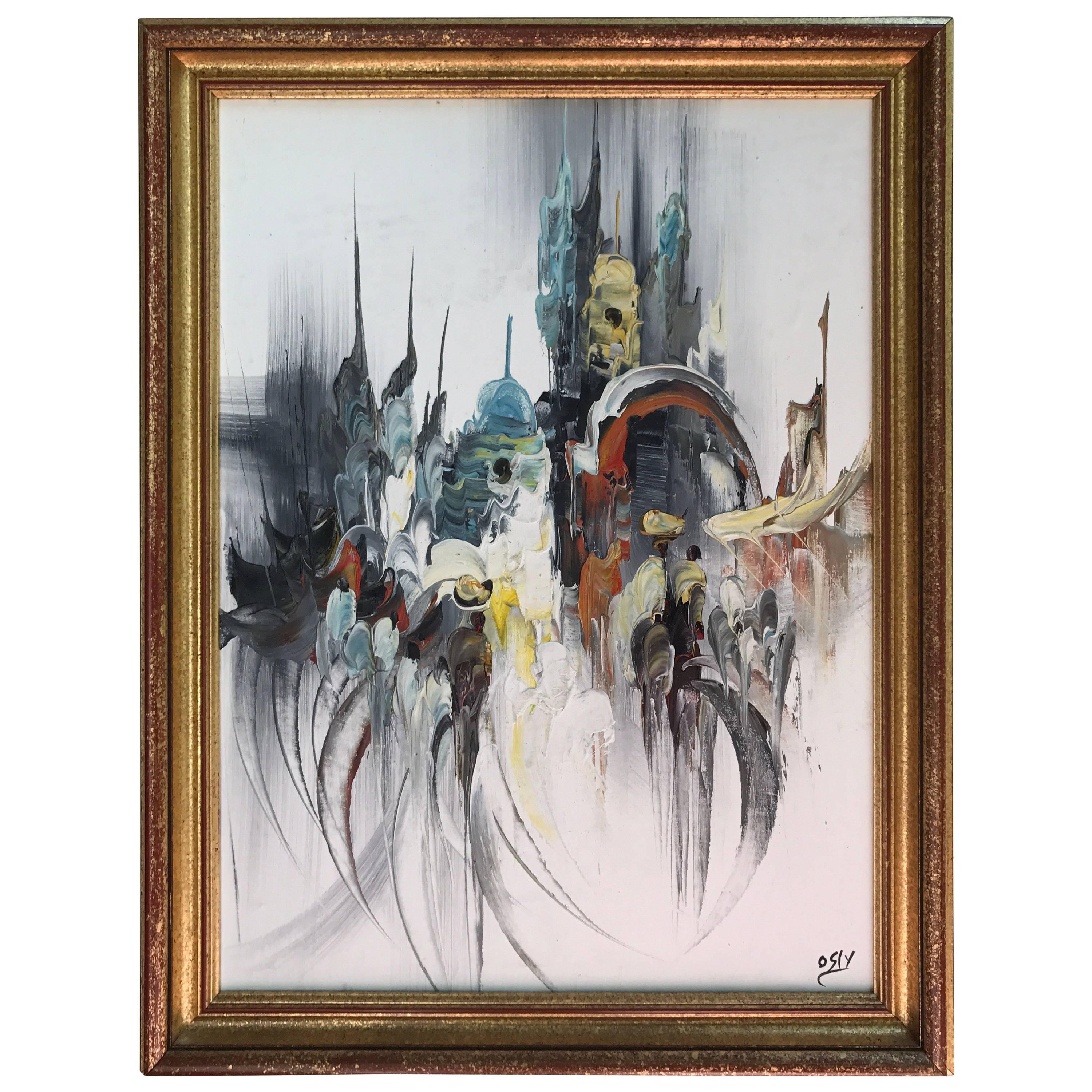 Mid-Century Modern Abstract Signed Osly Oil on Board Original Painting Art