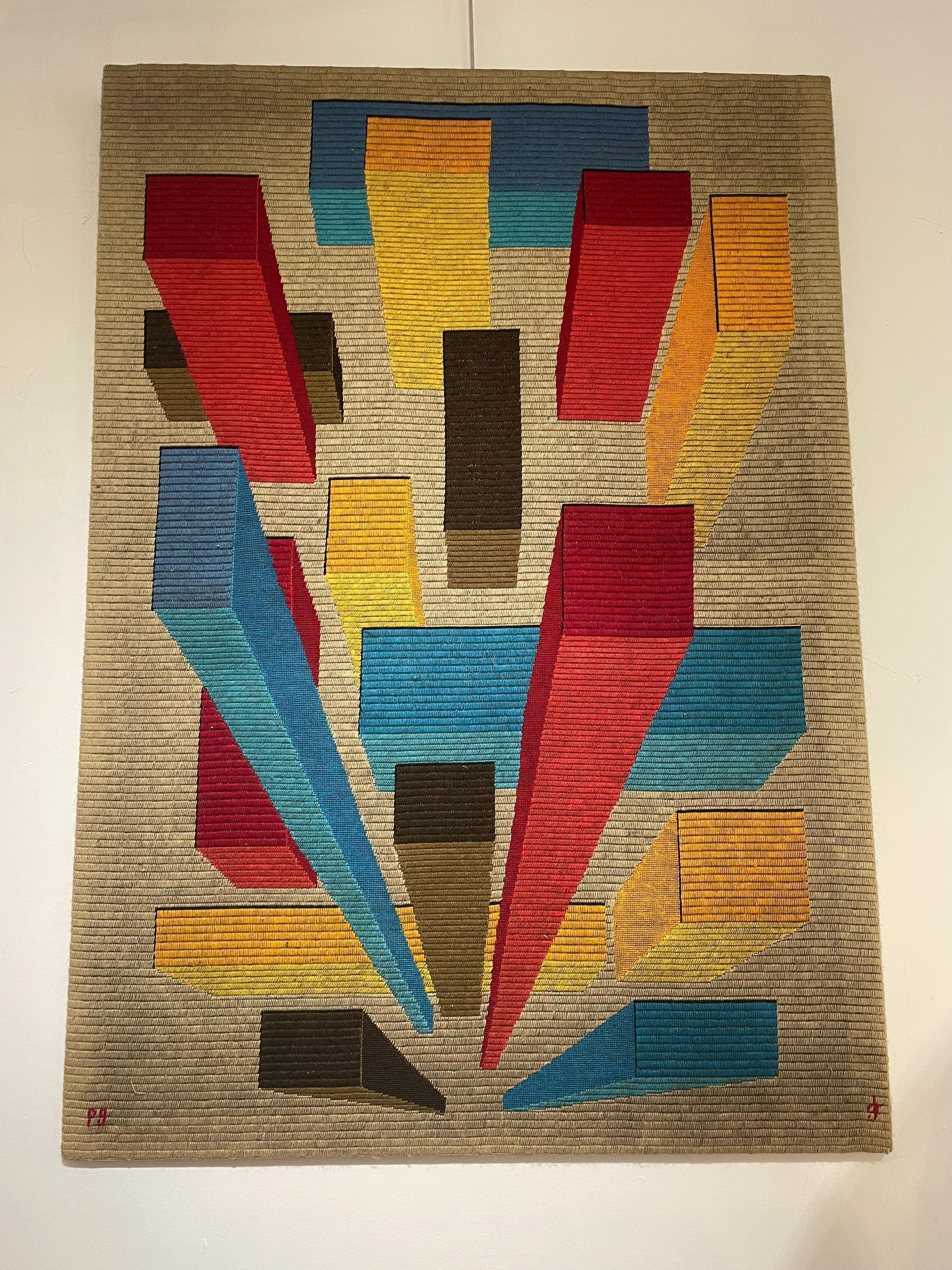 Tapisserie signée abstraite moderne du milieu du siècle, 1970.