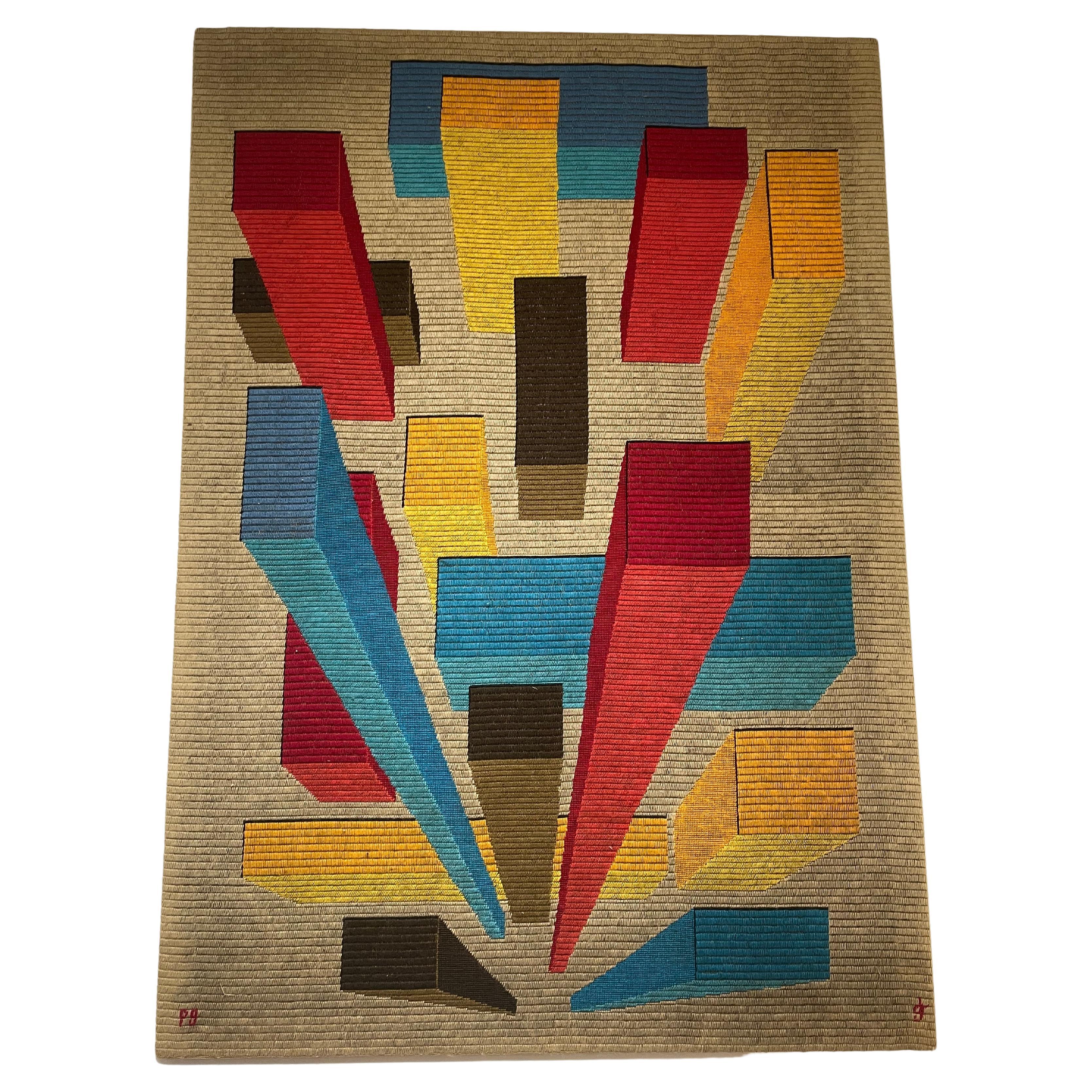 Tapiz abstracto moderno de mediados de siglo firmado, años 70