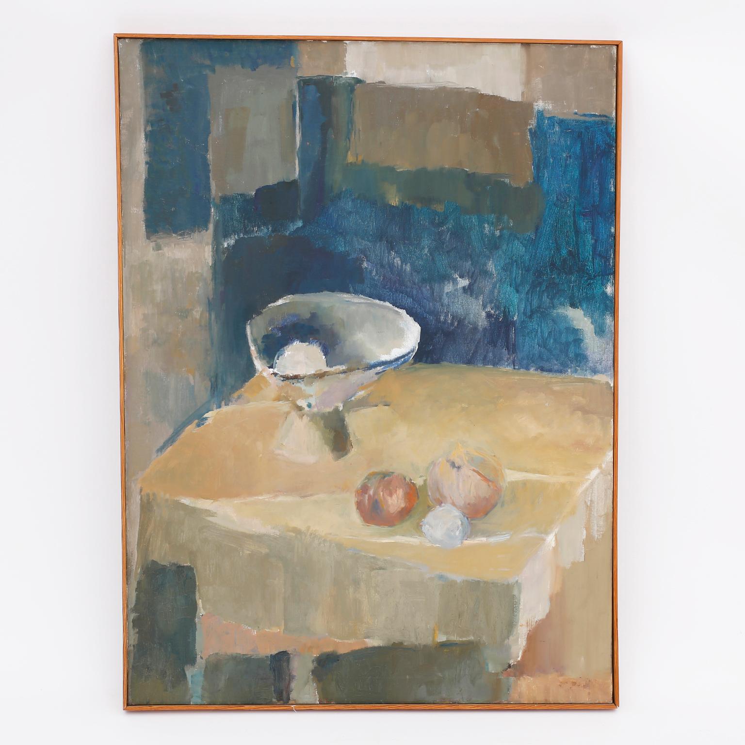 Inviting abstract expressionist still life on canvas. Classic composition redefined with subjective interpretation of color and light that has a relaxing effect. Presented in its original frame, signed and dated on the back May March 7/61.