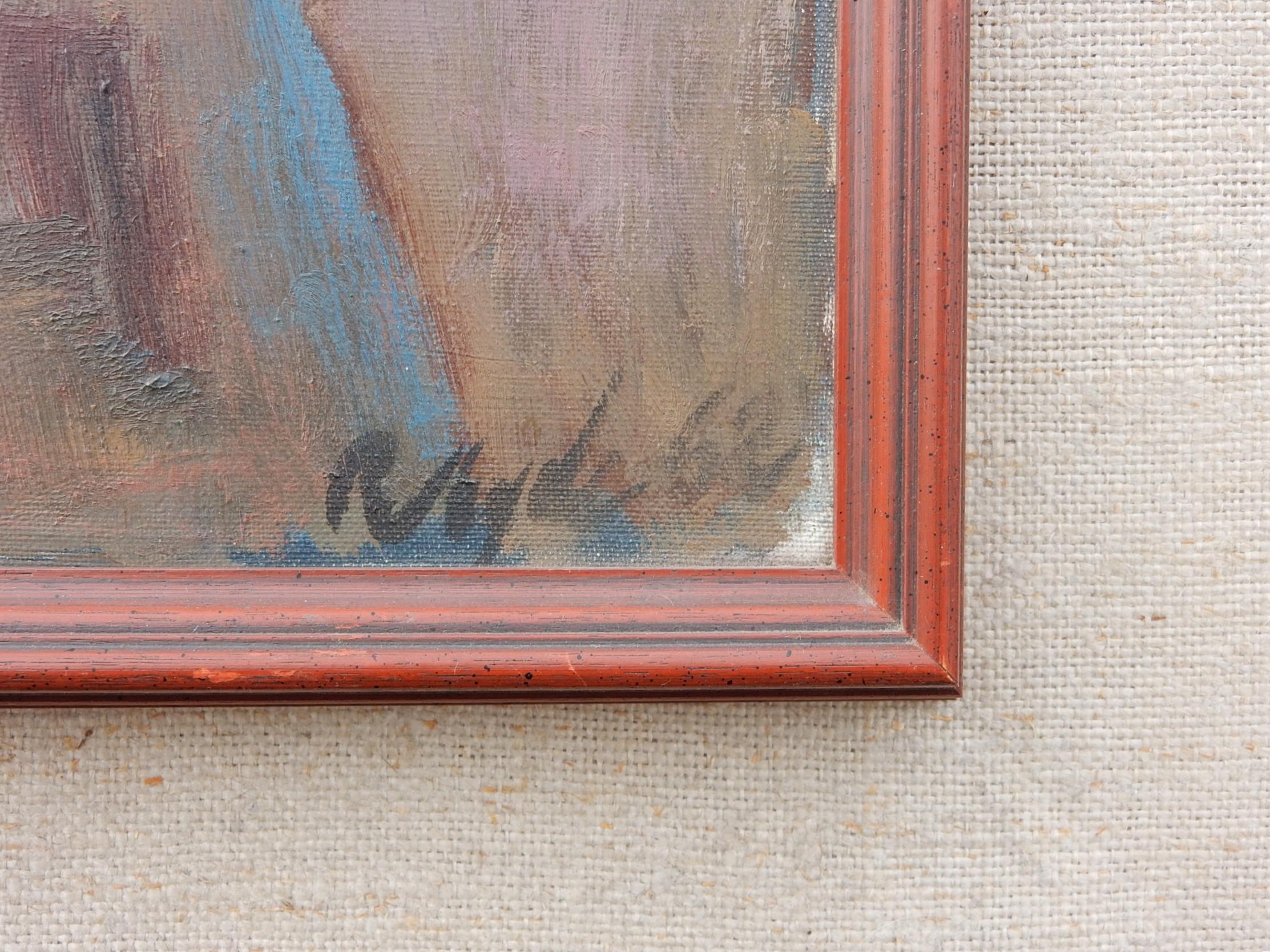 Wonderful abstract still life oil painting by Robert Hyde of Germany.
Original frame with notation on verso.
Painting is 28