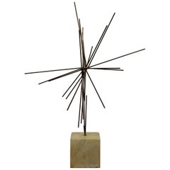 Mid-Century Modern Abstract Table Sculpture Signed Brass on Stone, 1976