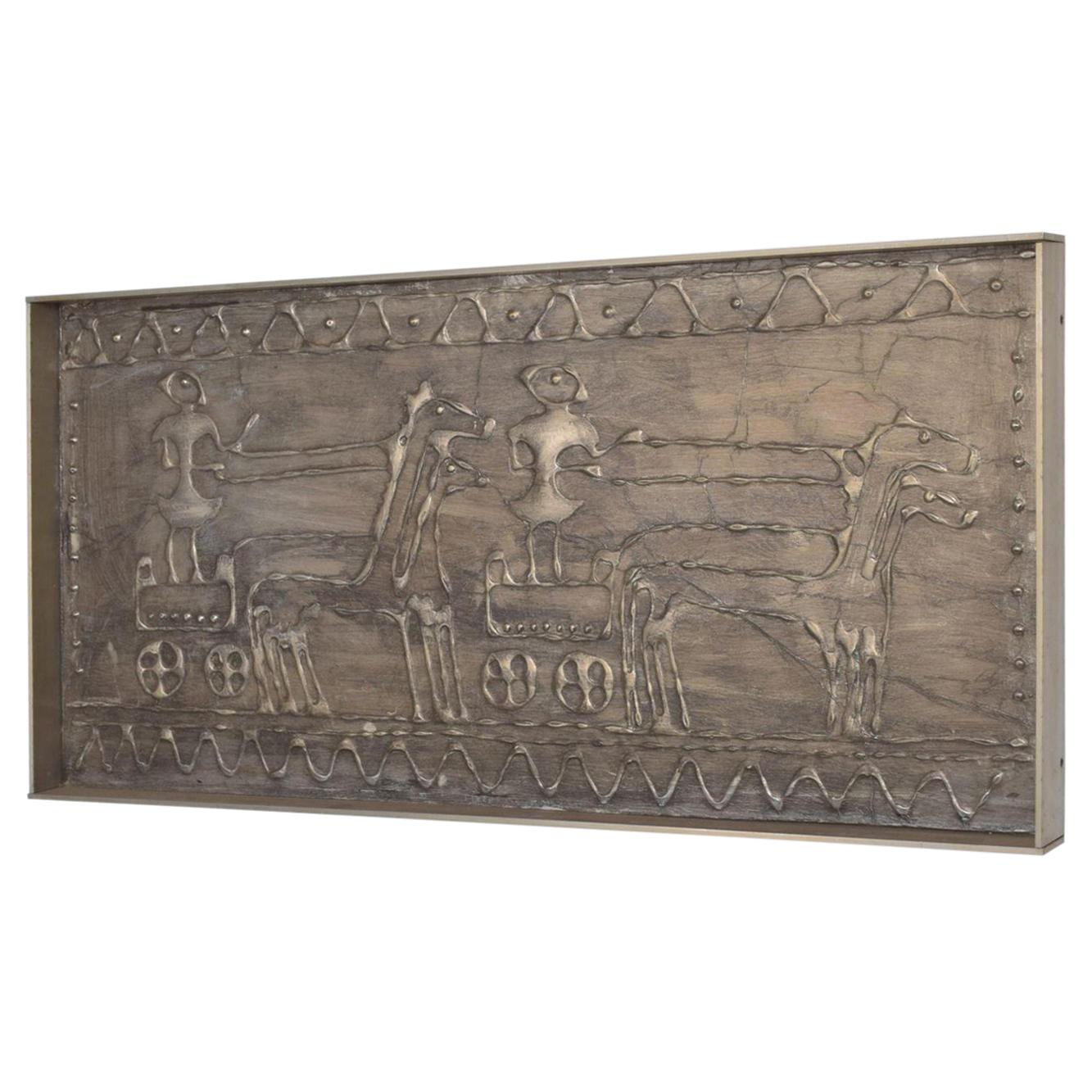 AMBIANIC offers
Abstract mixed-media textured Wall Art Plaque depicts rider horses and wagon aluminum on wood, patinated texture.
Unsigned. No information on the artist.
In the style of Paul Evans.
34 1/8
