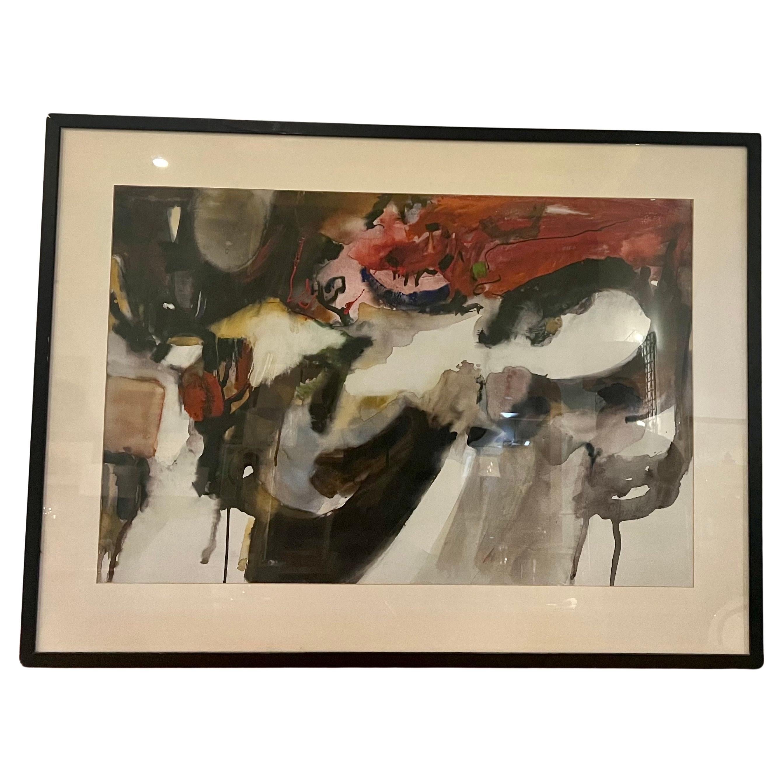 Large Framed original watercolor on canvas abstract by California artist Caroline Harris, comes with an original display tag from the Fresno District Fair Art Show from 1973, titled Landscape with red trees, 