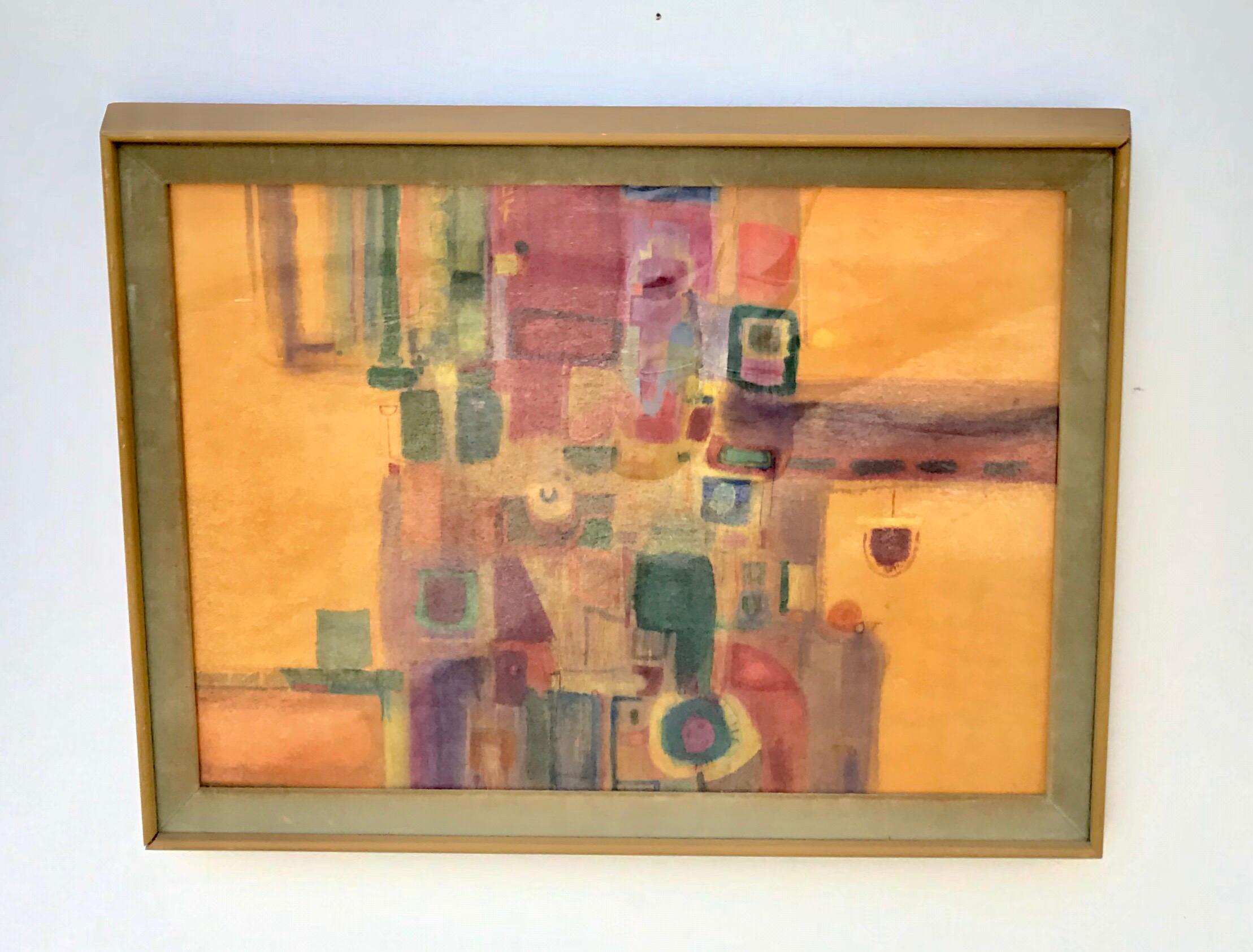 A great looking Mid-Century Modern framed watercolor by Artist David Johnston. The colorful palette of the Abstract work of art draws one in, and supplies rich and happy vibes anywhere the piece is employed. Older, possibly original frame shows wear