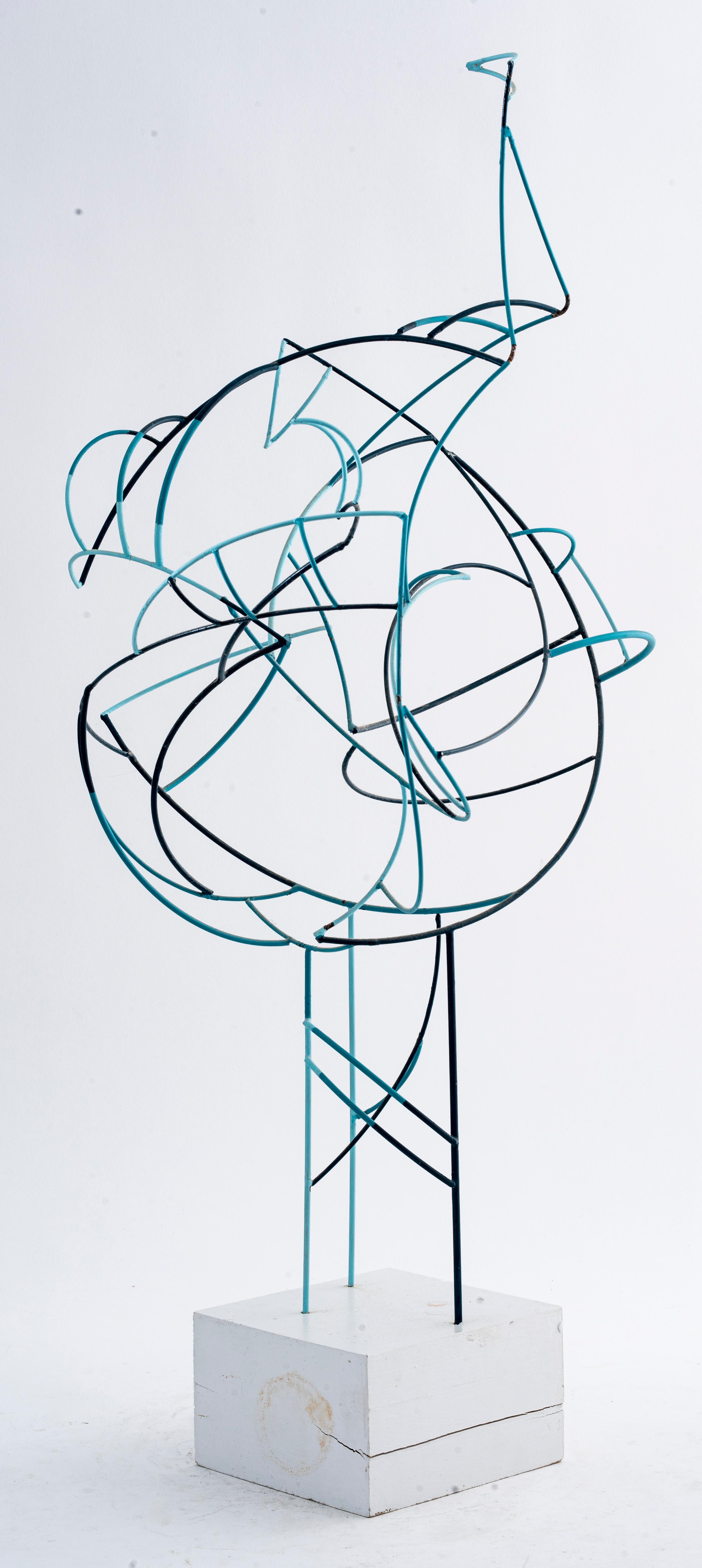 Mid-Century Modern abstract wire sculpture, on painted wood base, unsigned. Dimensions: 28.5