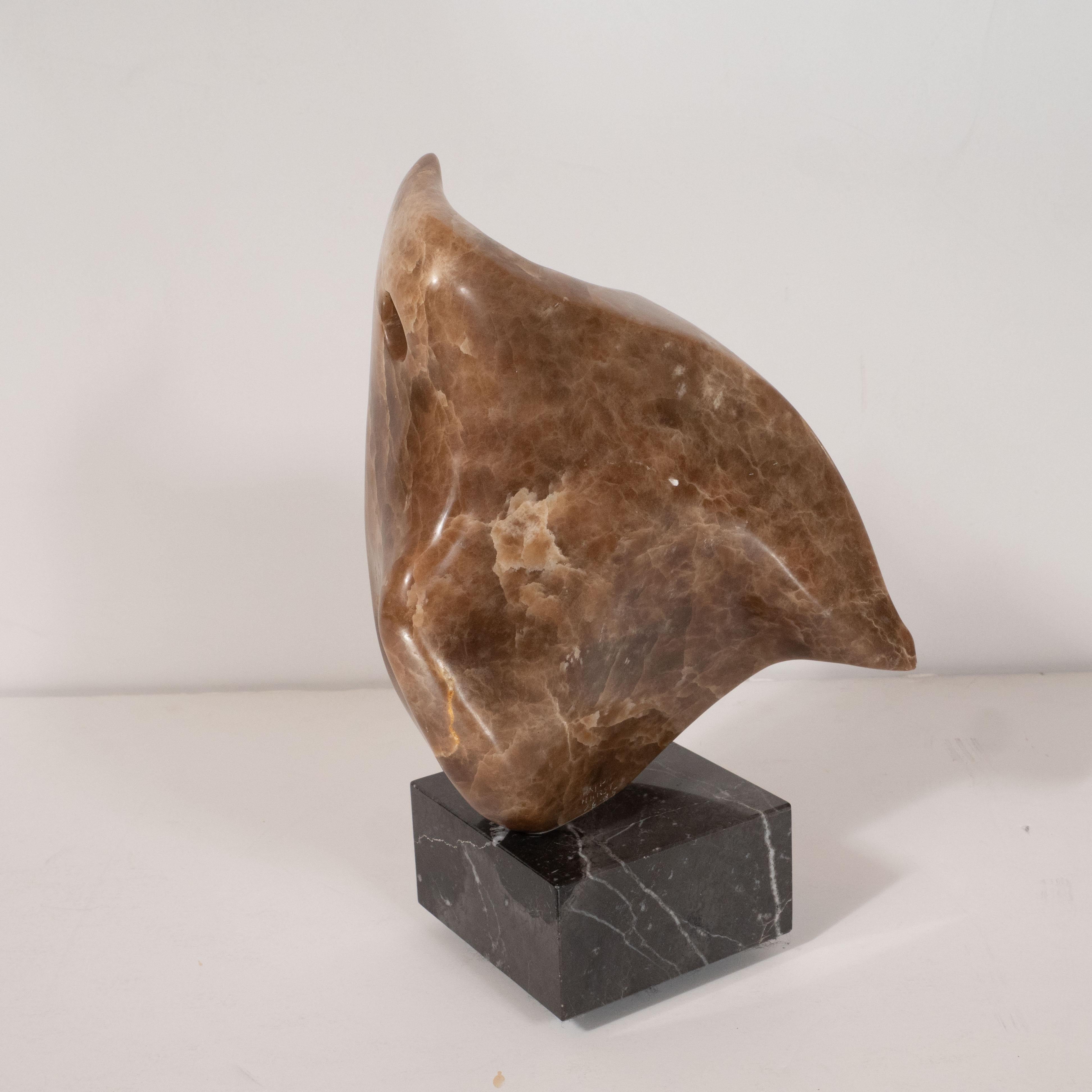 Mid-Century Modern Abstracted Exotic Marble Bird Sculpture w/ Black Enamel Base 4
