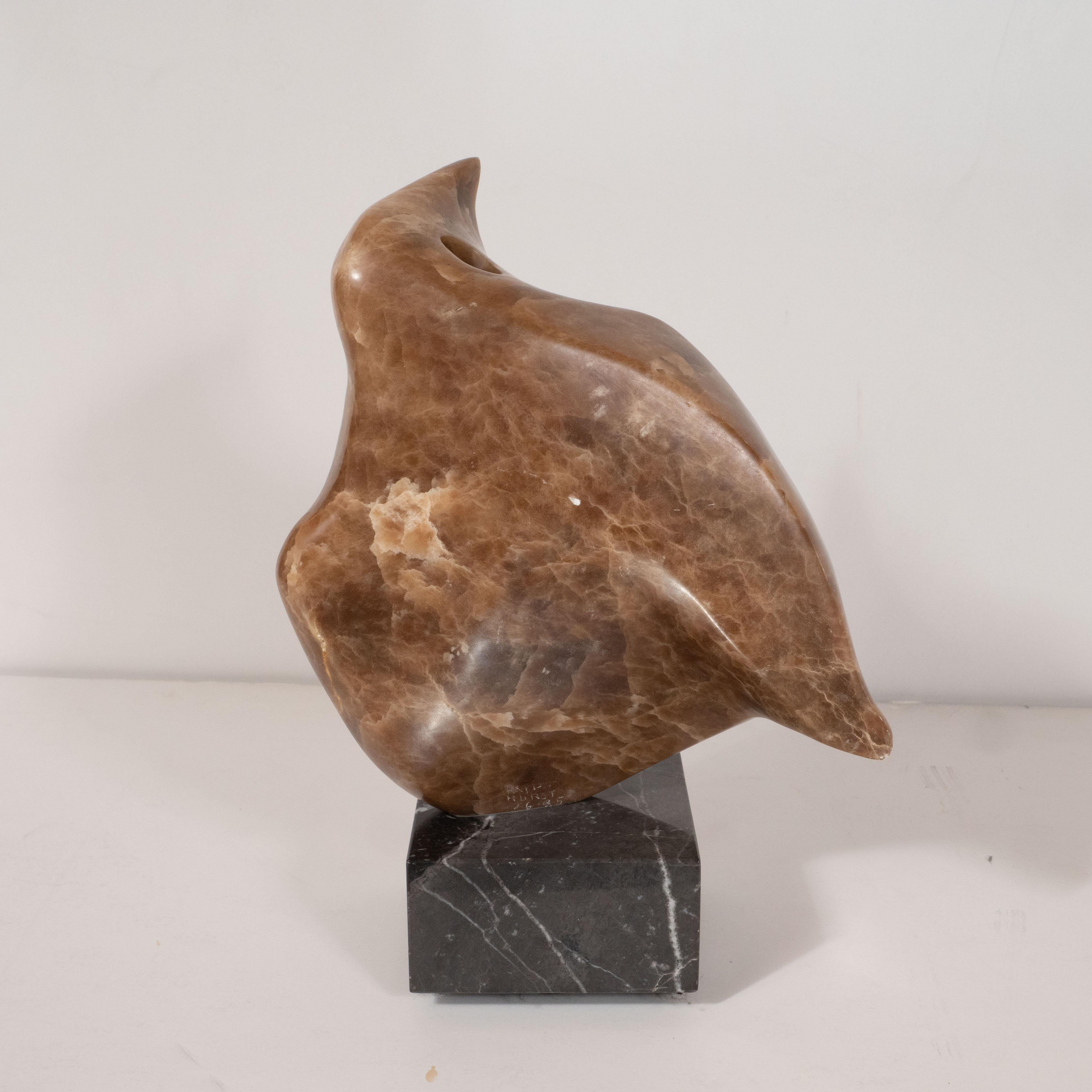 Mid-Century Modern Abstracted Exotic Marble Bird Sculpture w/ Black Enamel Base In Excellent Condition In New York, NY