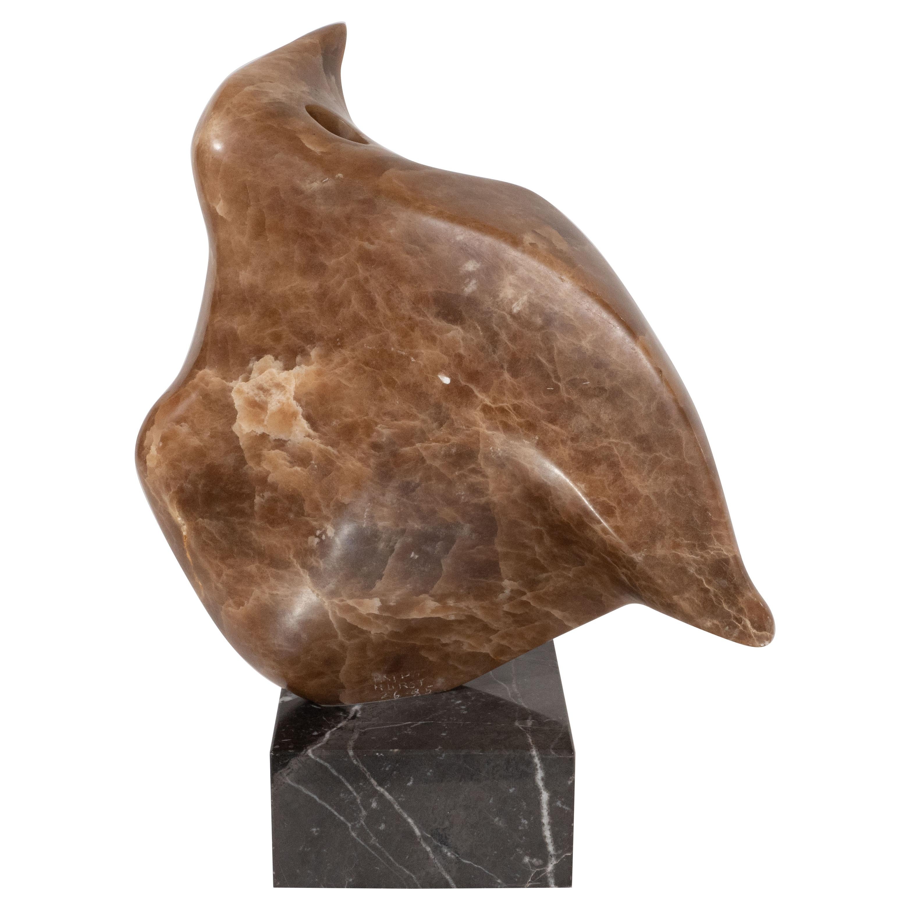 Late 20th Century Mid-Century Modern Abstracted Exotic Marble Bird Sculpture w/ Black Enamel Base