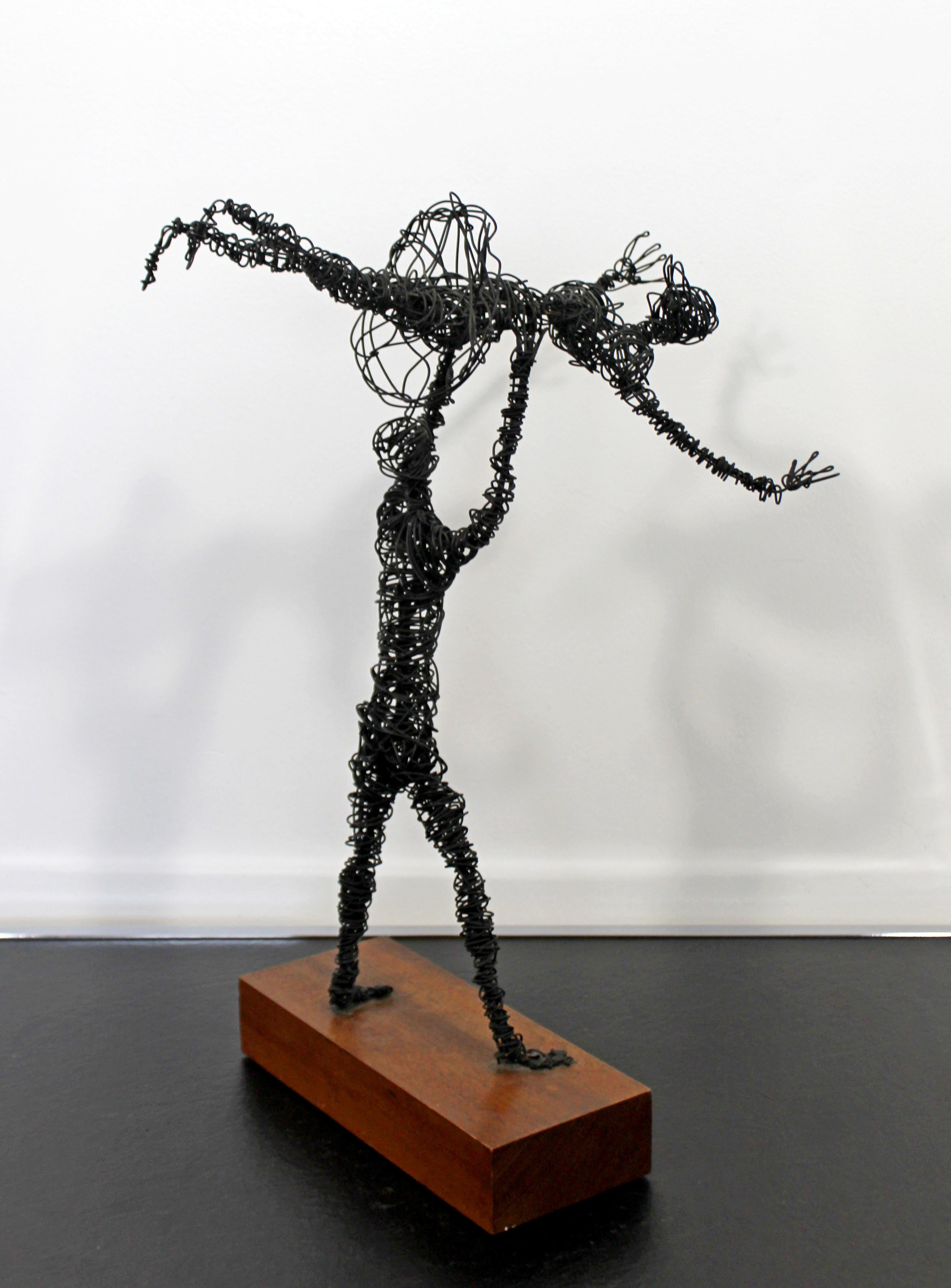 Mid-Century Modern Abstracted Metal Wire Table Sculpture Wood Base Dancers 1960s 3