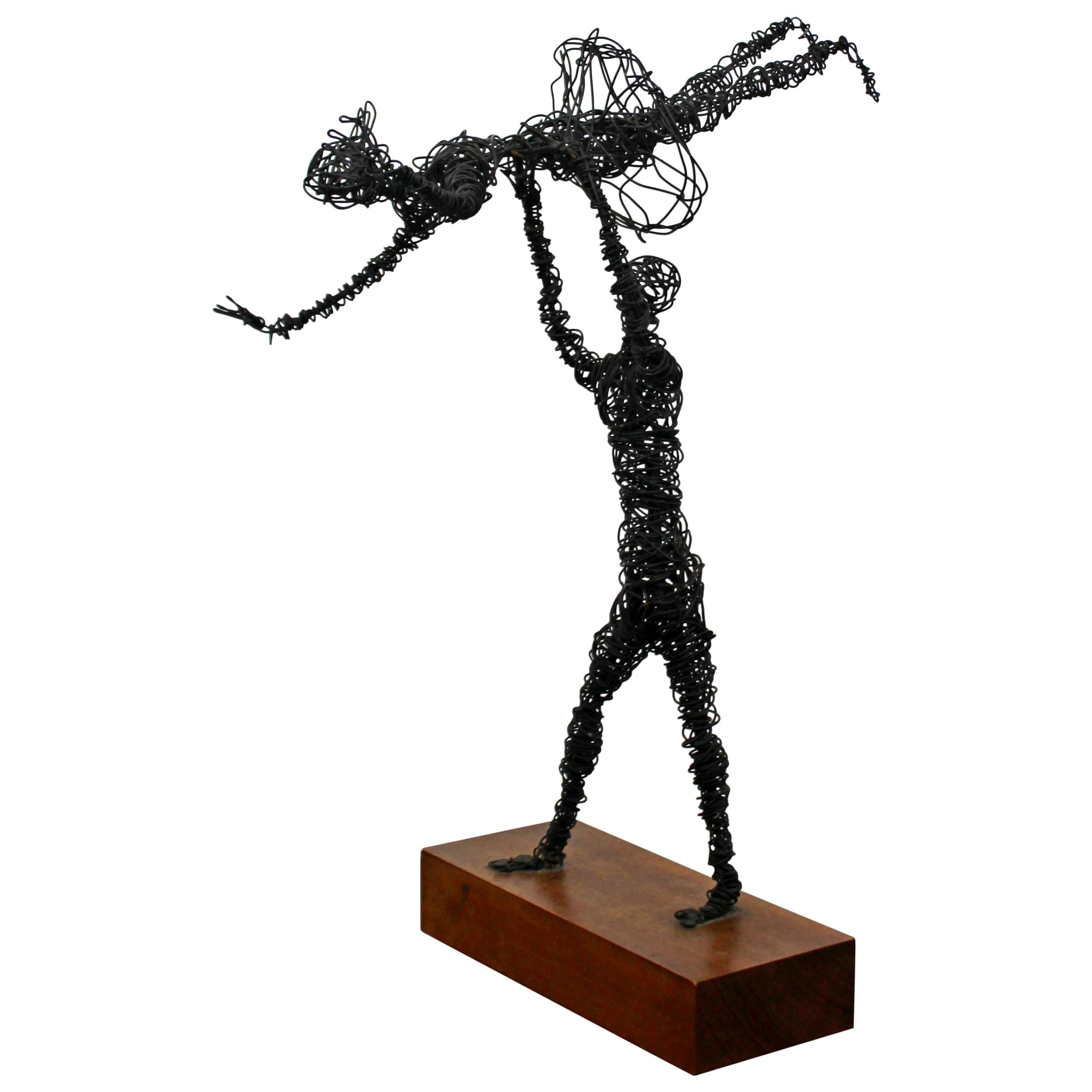 Mid-Century Modern Abstracted Metal Wire Table Sculpture Wood Base Dancers 1960s