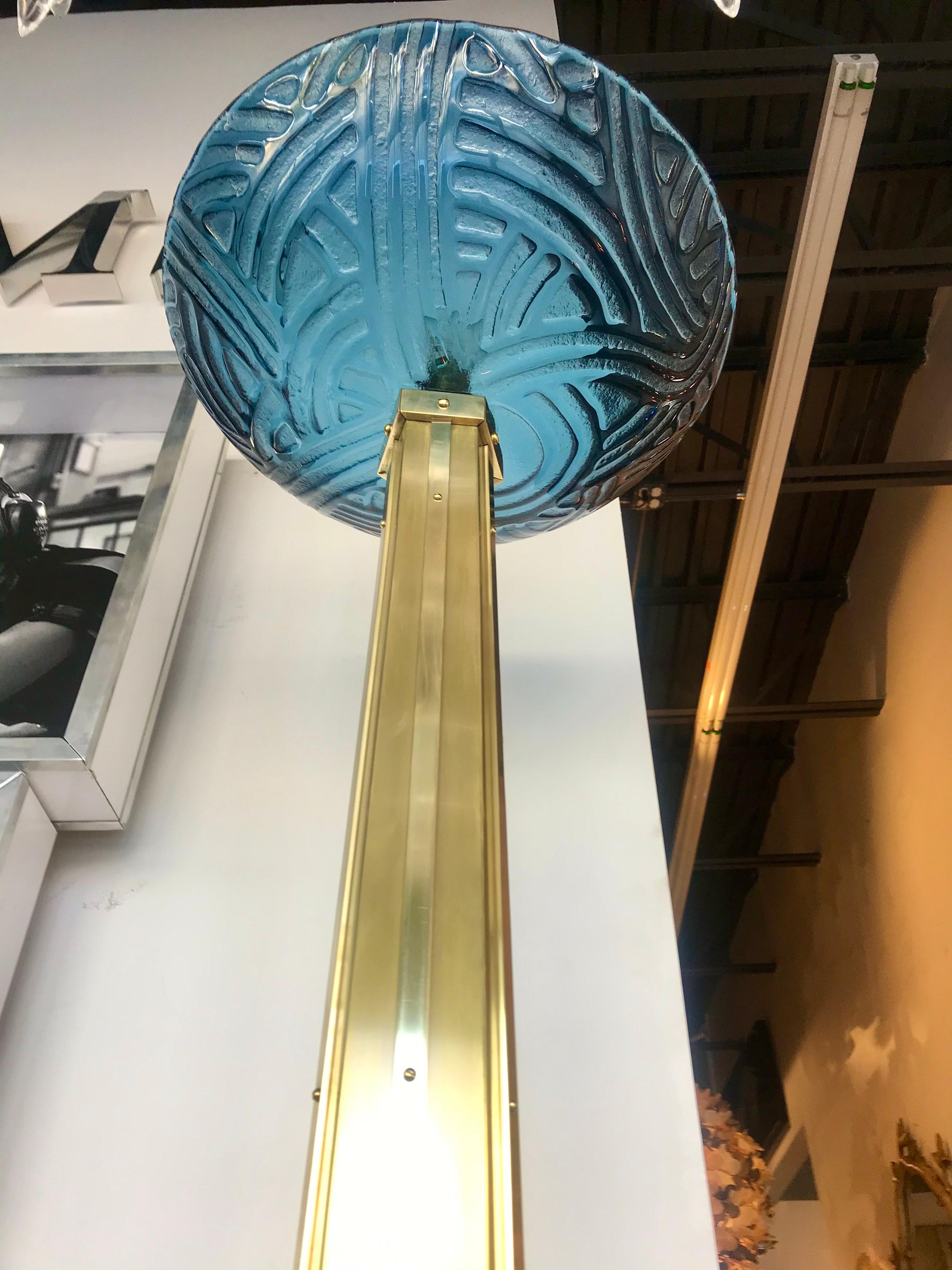 Mid-Century Modern Acid Etched Blue Glass and Brass Floor Lamps 5