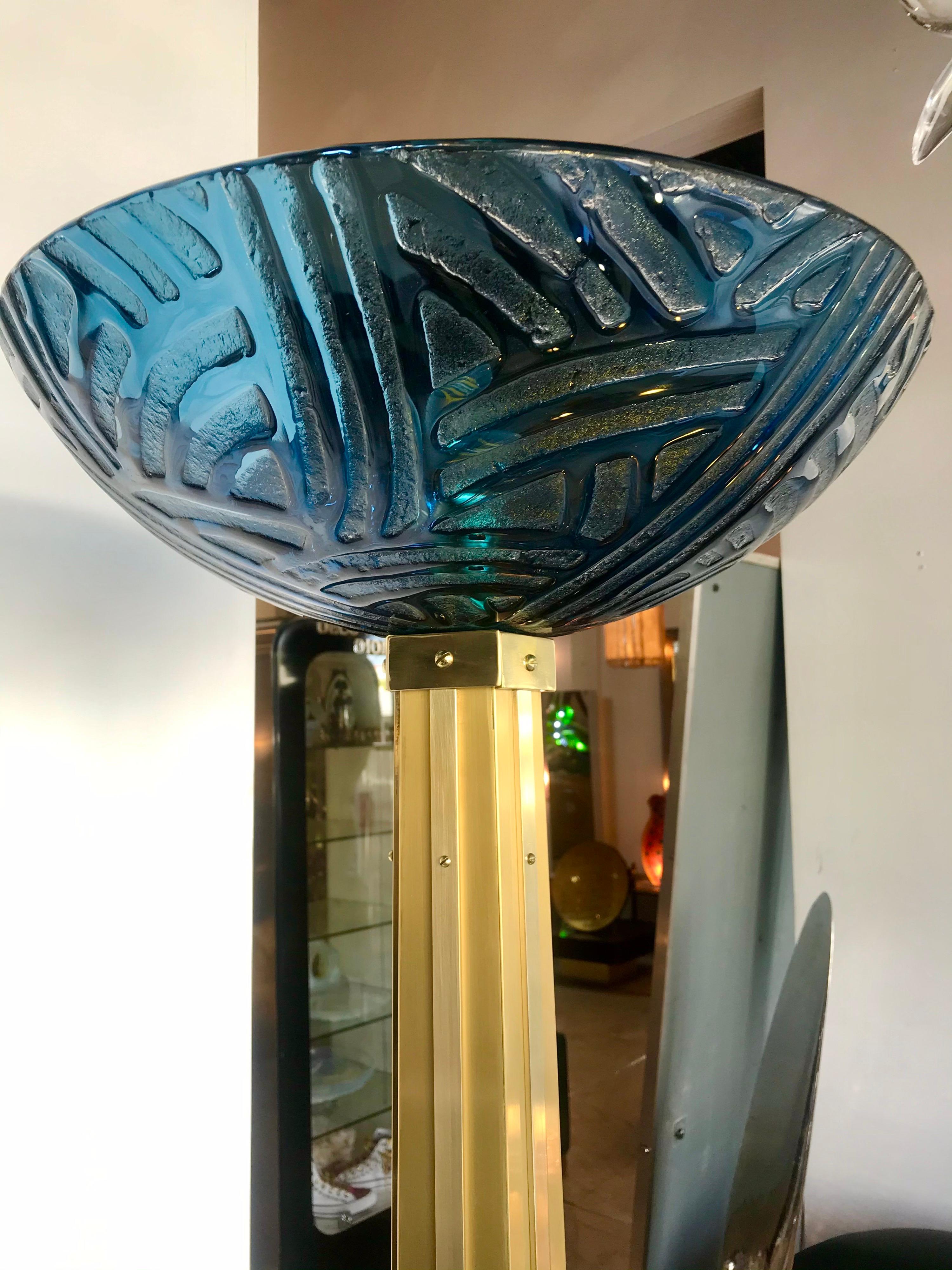Italian Mid-Century Modern Acid Etched Blue Glass and Brass Floor Lamps